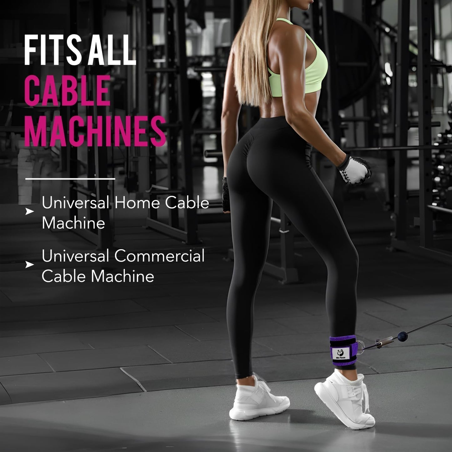 Slim Panda Ankle Strap for Cable Machine,Ankle Cuff for Kickbacks, Booty Hip Abductors,Glute Workouts, Leg Extensions, Curls for Men and Women, Adjustable with Double D-Rings (Purple)