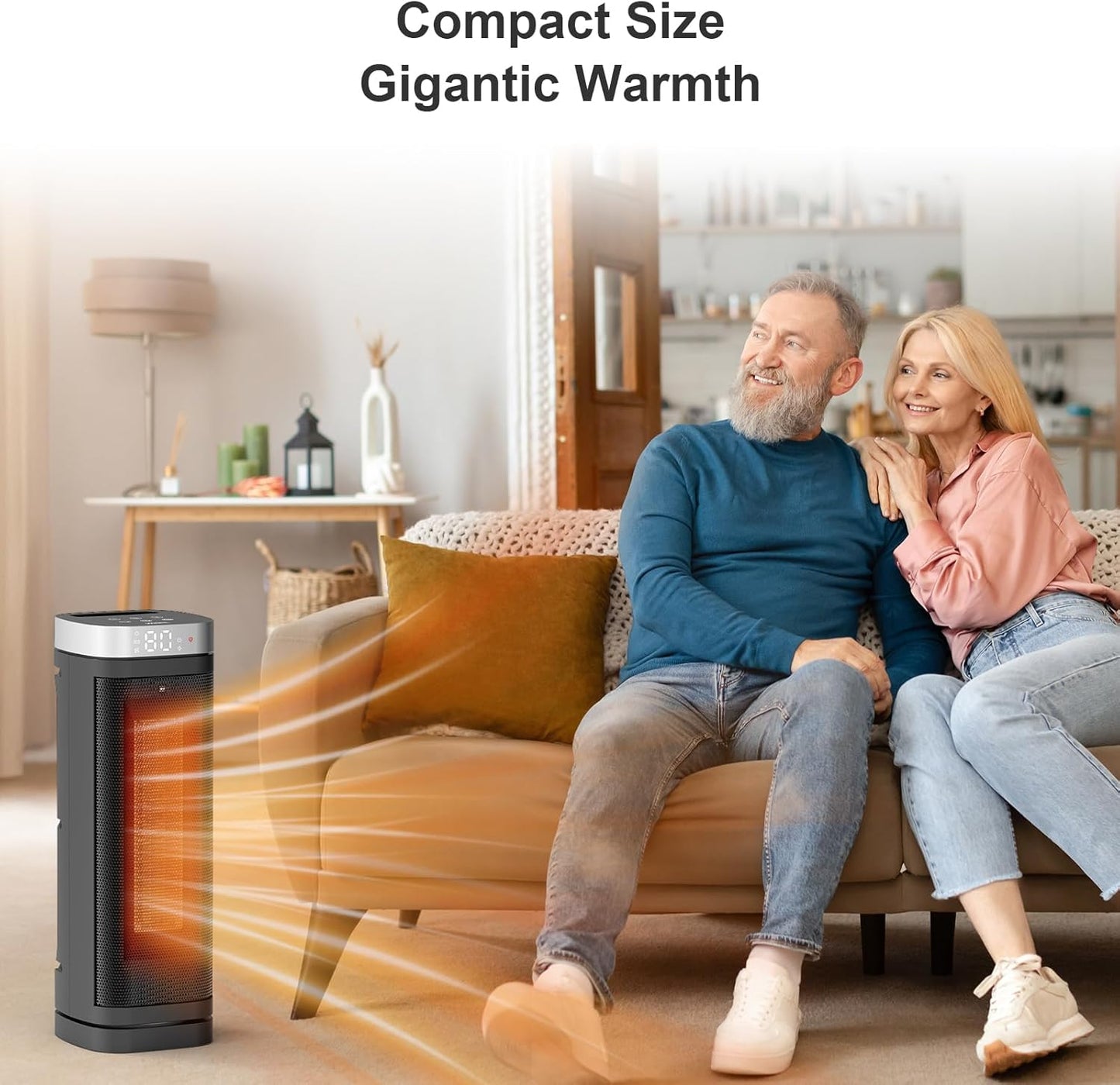 WINHL Electric Space Heater - 1500W PTC Ceramic with Thermostat, Remote & 70° Oscillation - 17 Inches for Home & Office