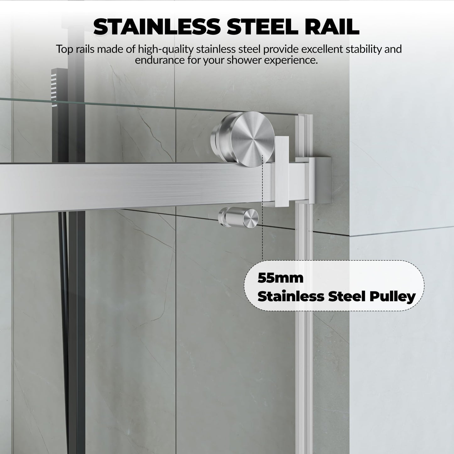 Frameless Sliding Shower Door,56-60" W x 76" H Shower Doors, Sliding Glass Door 1/4" Clear Tempered Glass with Explosion-Proof Film, Handle and Seal Strip for Bathroom，Silver