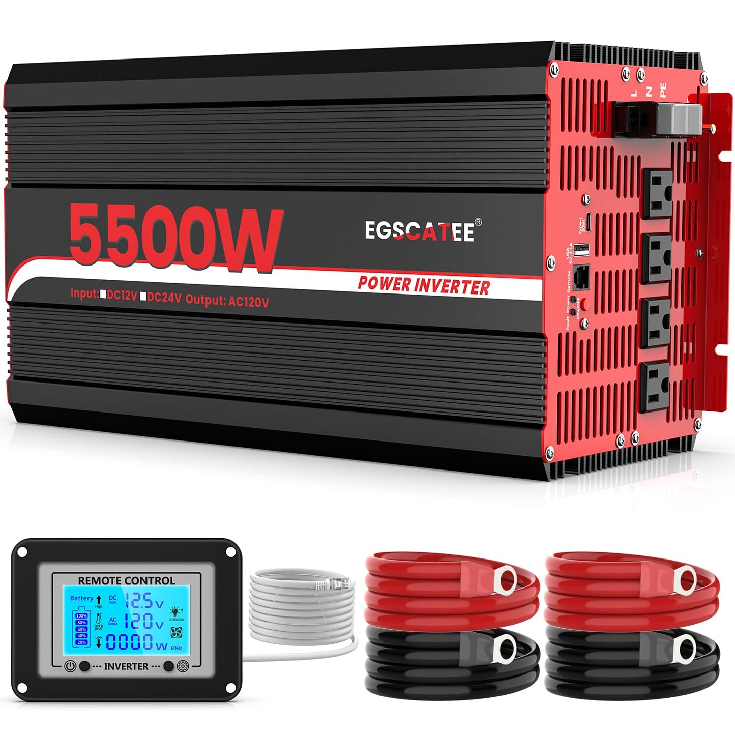 5500W Power Inverter 12V DC to 120V AC, 11000W Peak Off-Grid Solar Converter for 12V Battery Bank, RV, Truck & Home Backup Power System, 4 AC Outlets, USB & Type-C Port, LCD Remote Controller