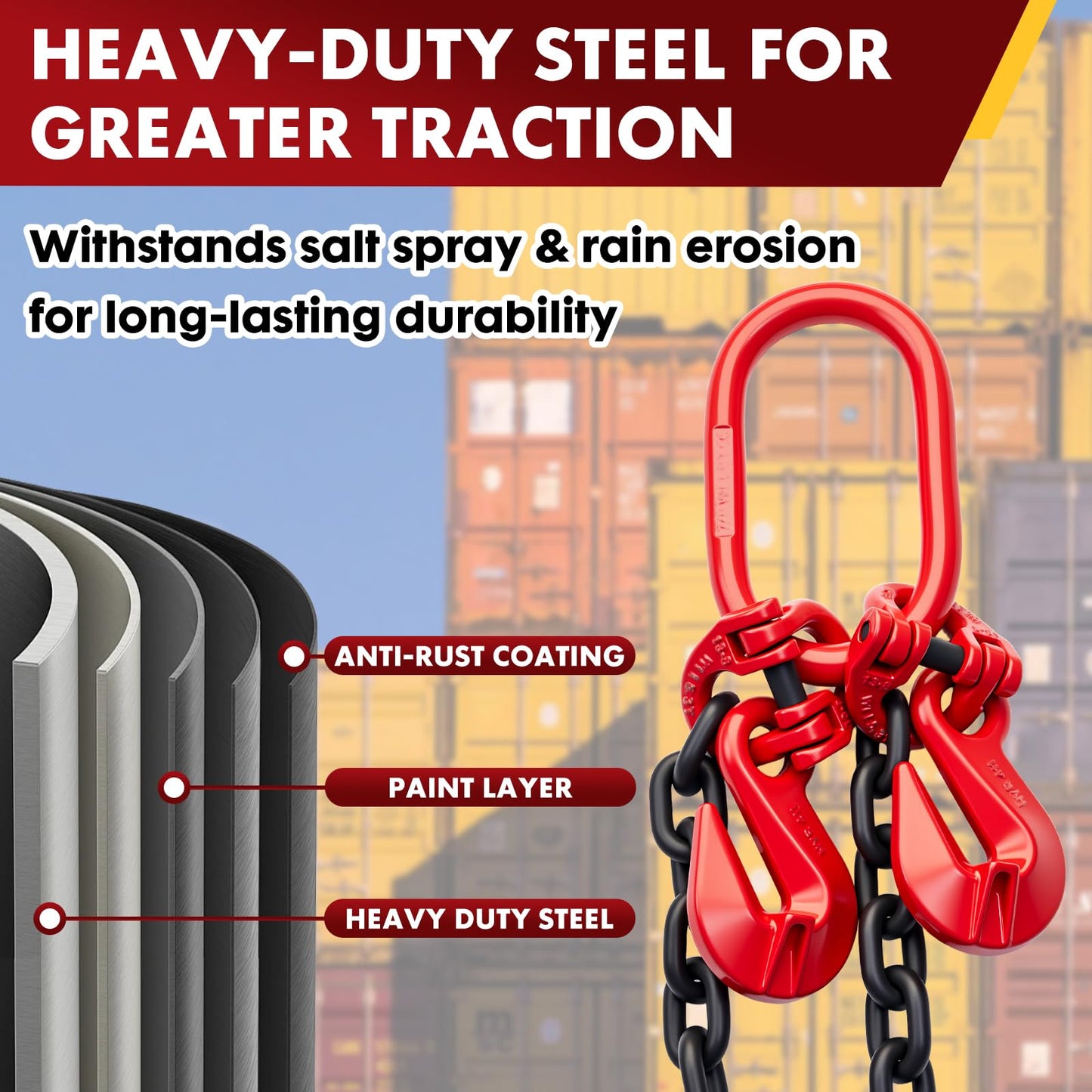 G80 Shipping Container Loading Chain (1/2" x 5'), Container Hooks with Hot Dip Galvanized V-Chain, Suitable for Cargo, Safety Locking Hooks for 20ft/ 40ft Shipping Containers, Trailers, Heavy Cargo