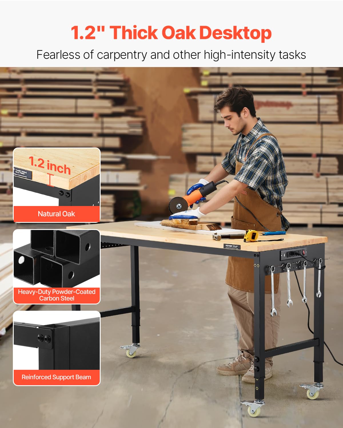 VEVOR Adjustable Workbench, 60 Inch Work Bench with Power Outlet, Wheels, and Pegboard, 2000 lbs Load Heavy Duty Oak Wood Top Work Table for Garage, Workshop, Office, and Home