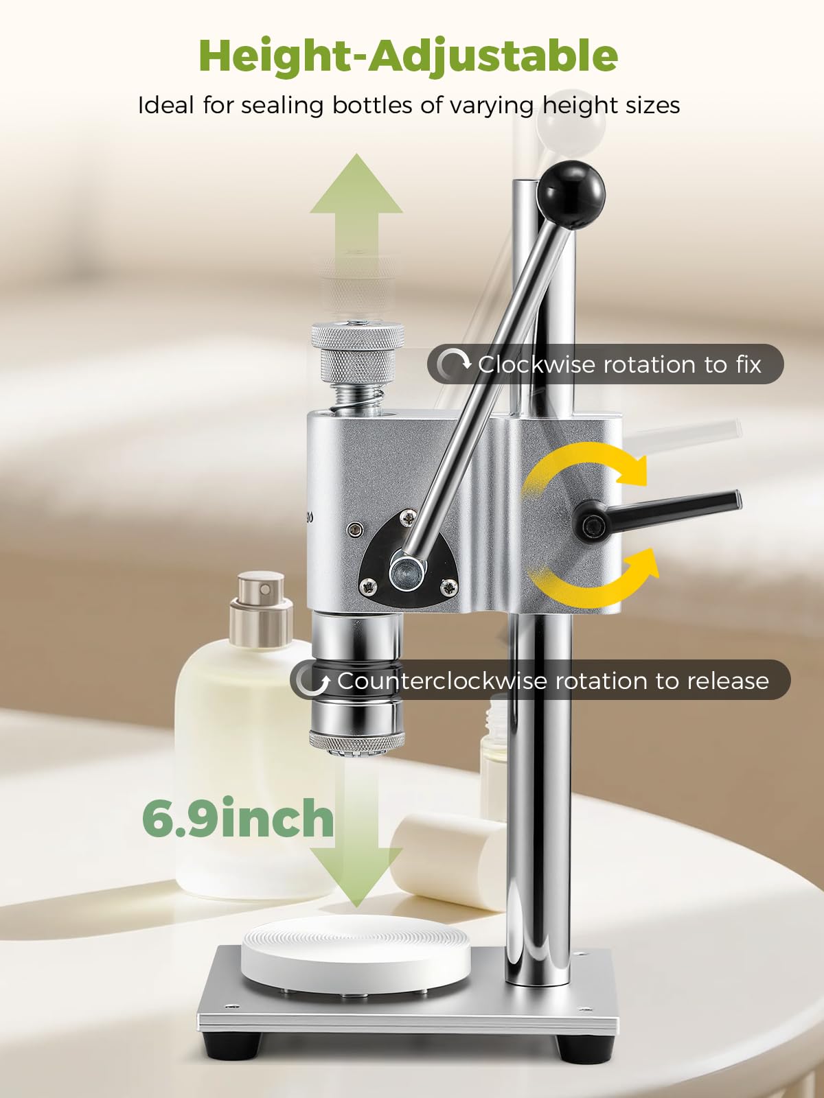 Flyseago Perfume Bottle Crimper Capper Height Adjustable Manual Desktop Perfume Bottle Crimping&Capping Machine for 15mm Bottle Caps for Sealing Vial Bottles, Sprayers