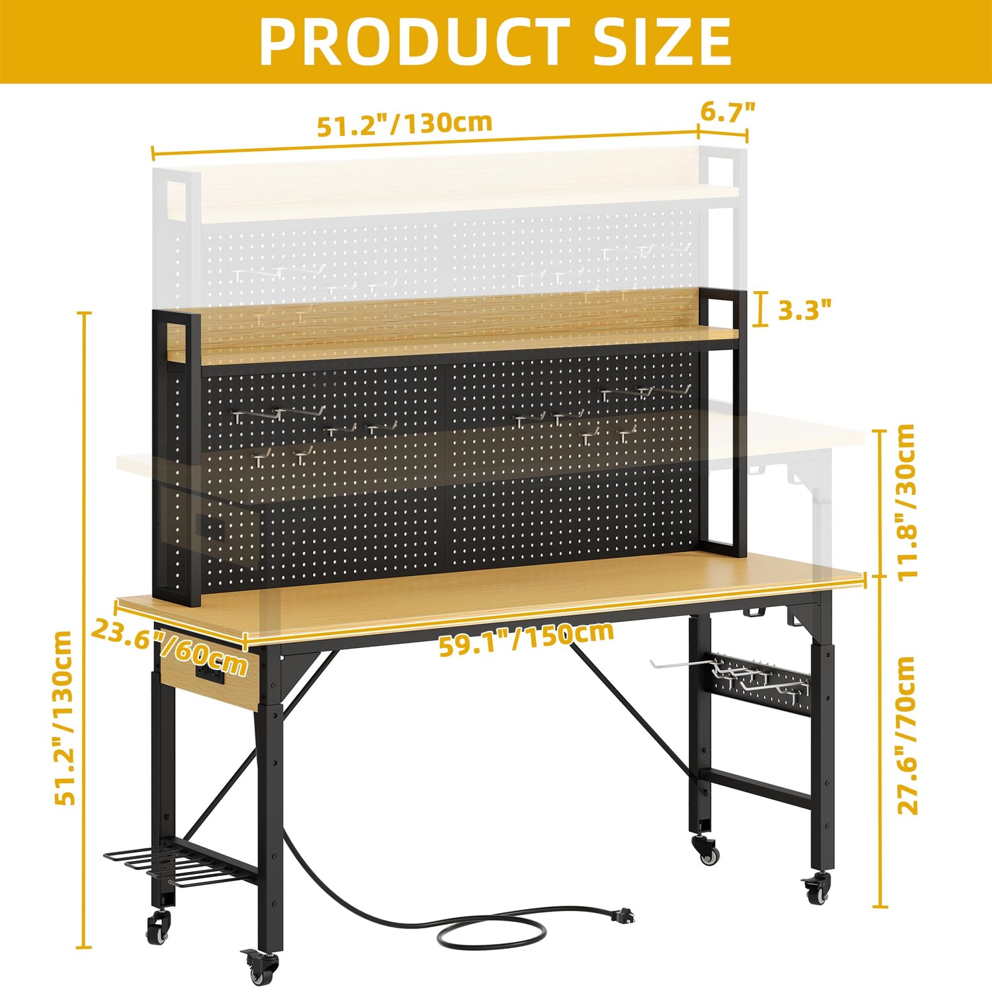 DWVO 60" Adjustable Workbench with Pegboard, Heavy Duty Wood Top Work Bench with Wheels, 1600 LBS Load Capacity, Rolling Work Table with AC/USB Outlet, Hooks, Rack for Garage, Workshop, Office, Home