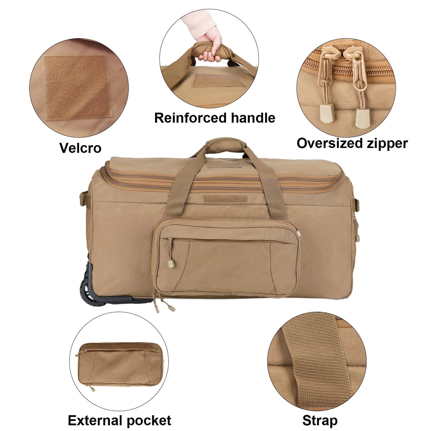 Military Wheeled Deployment Bag Large Tactical Heavy Duty Duffel Bag for Camping Hiking (Tan)