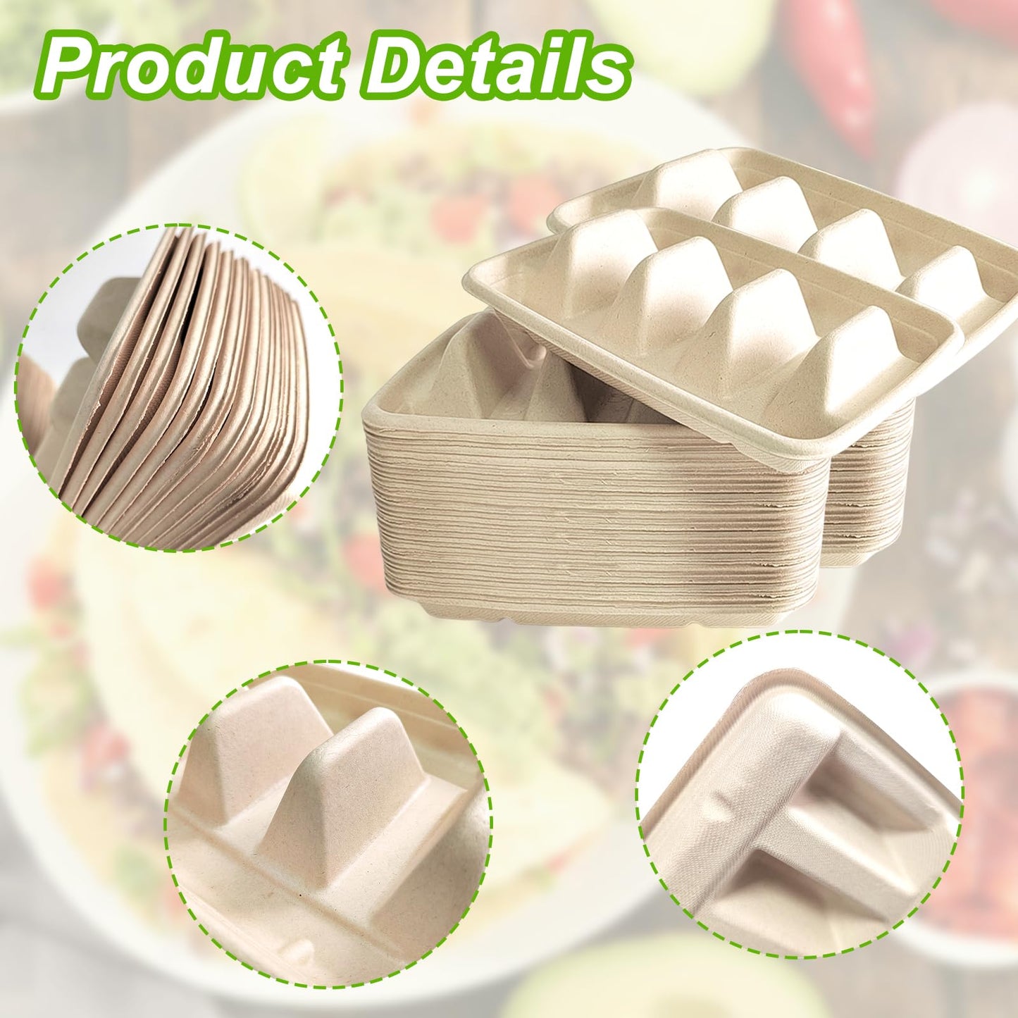 Sibosen 50PCS Disposable Taco Holder for Party，Disposable Taco Plates with 3 Dividers Disposable Taco Holders for Taco Tray Holder, Pulp Fiber Plates Disposable for Taco Tuesday Lazy Susan Taco Bar