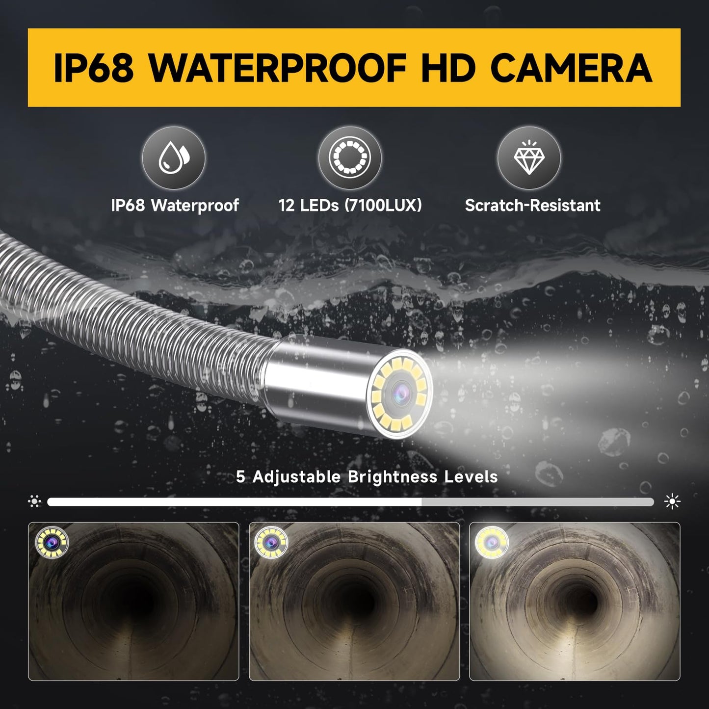 Oiiwak Sewer Camera 100ft, Drain Pipe Inspection Camera with 7" IPS HD Screen, DVR & Audio Recorder Industrial Borescope Camera for Plumbing Drain Pipe Inspection, IP68 Waterproof, 32GB Card, 12 LEDs