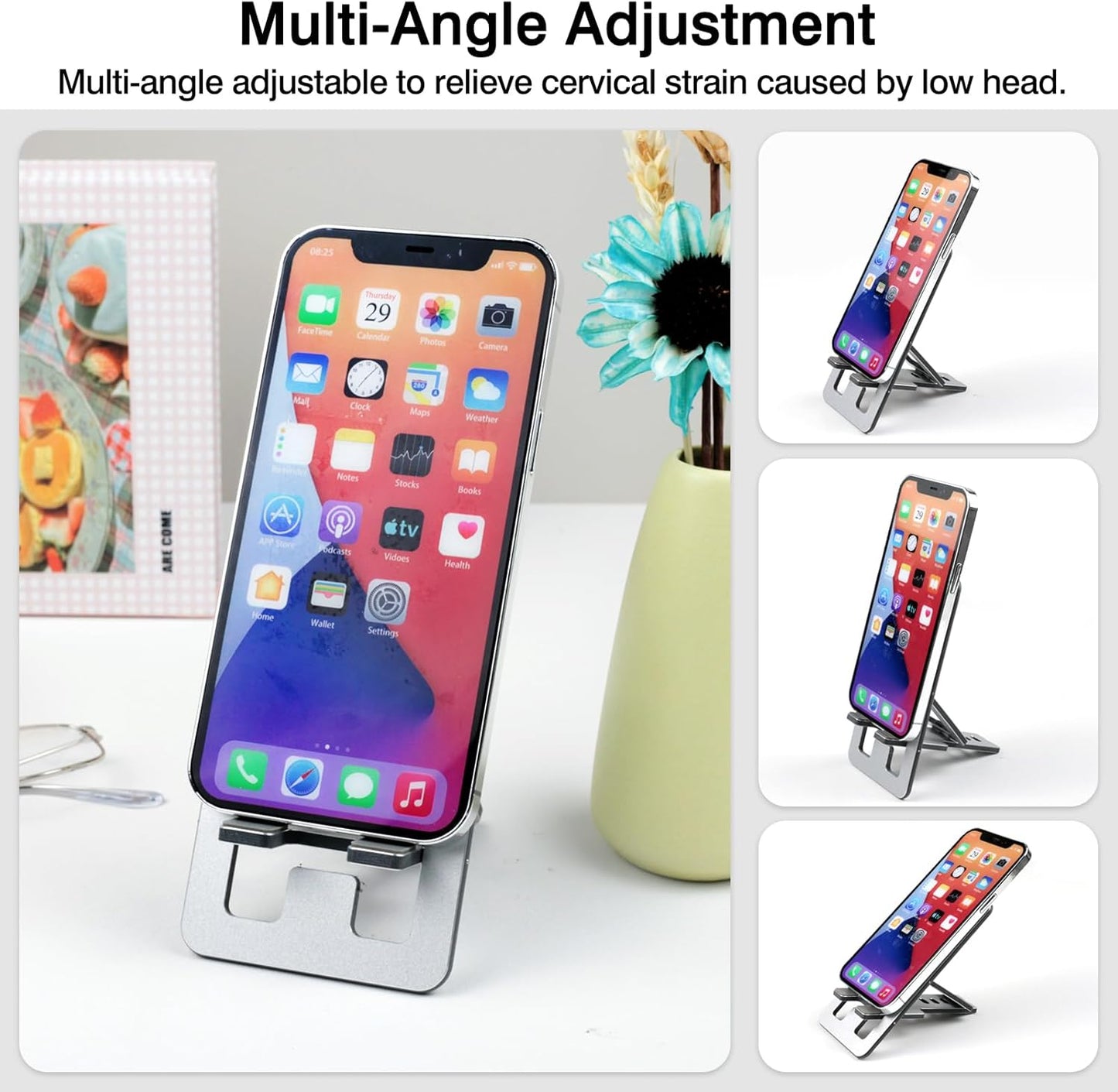 Ceemiaa 16-13 S24-S8, Foldable Aluminum Phone Stand Adjustable Desk Holder for Travel & Office, Compatible with iPhone