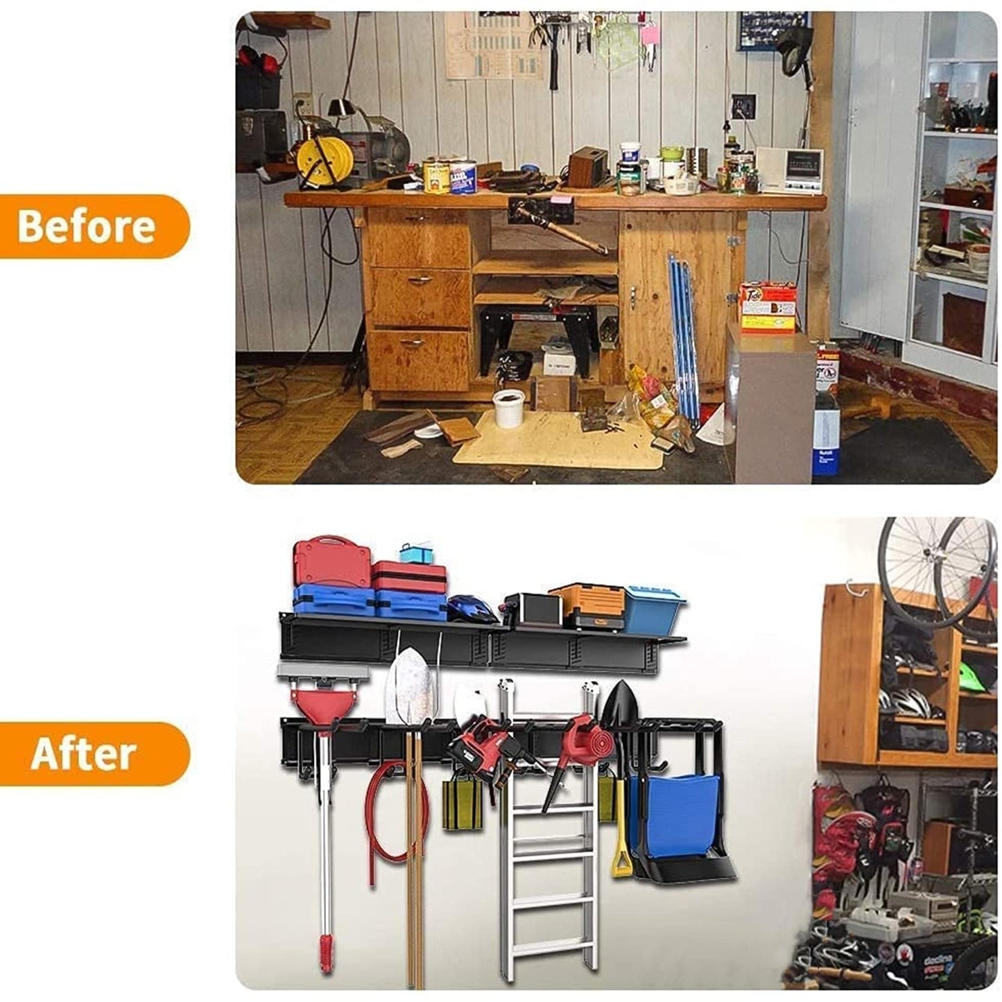 TORACK Garage Storage Organizer Systems, Wall Mount Overhead shelving, 48 inch Heavy Duty Steel Tool Racks, 6-Pack 12'' Double Hooks, 48 inch by 7 inch Floating Shelves, up to 1200Ibs