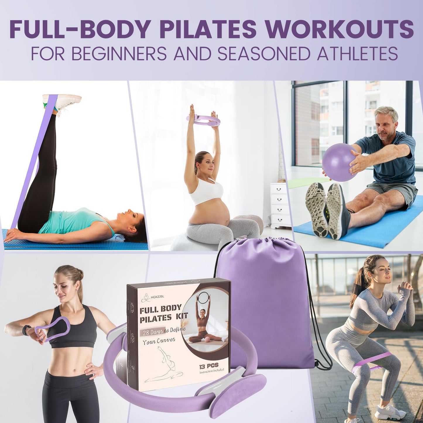 Pilates Kit for Women 13PCS, Pilates Ring and Ball Set with Magic Circle, Resistance Bands Set, Figure 8 Band, Yoga Ring & Grip Socks, Home Workout Equipment Essentials Starter Kit for Beginners