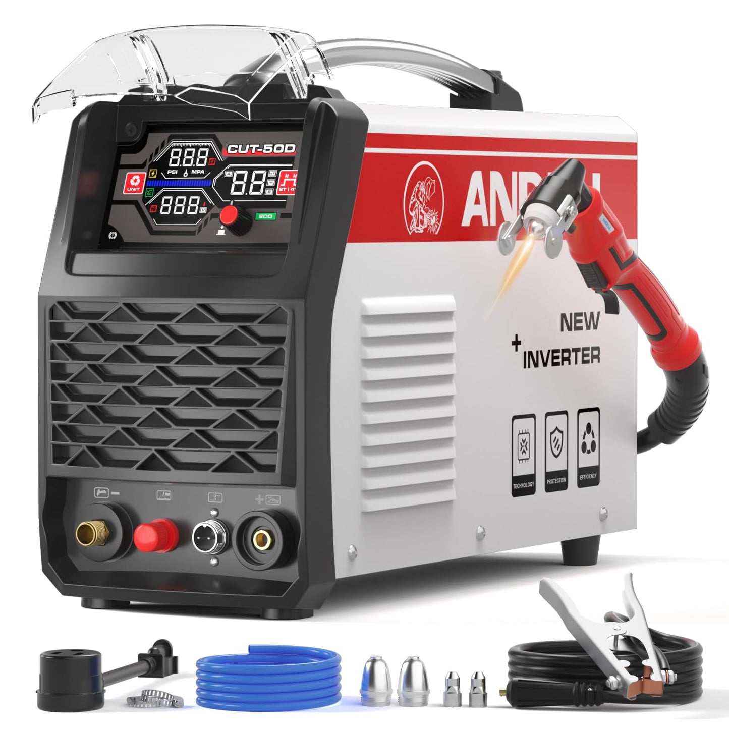 ANDELI Plasma Cutter Non-Touch Pilot Arc ，Larger LED Display 50A Plasma Cutter Machine，3/4''Maximum Cut Heavy Duty，110/220V Dual Voltage With ECO Mode，Expanded Plate Cutting,Rust Removal,PT/2T/4T