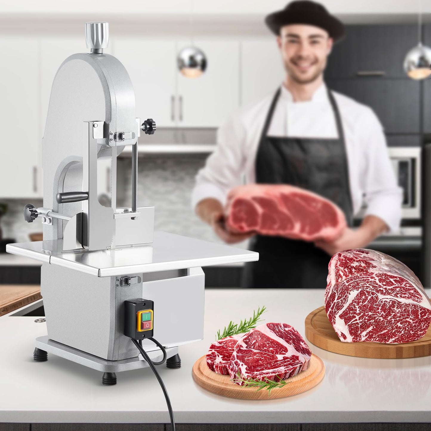 1100W Commercial Electric Meat & Bone Band Saw with Stainless Steel Table (19.3"X15"), Adjustable Thickness 0.16-7.9", Includes 5 Blades – Frozen Meat Cutter Ideal for Butcher Shops, Restaurants, Home