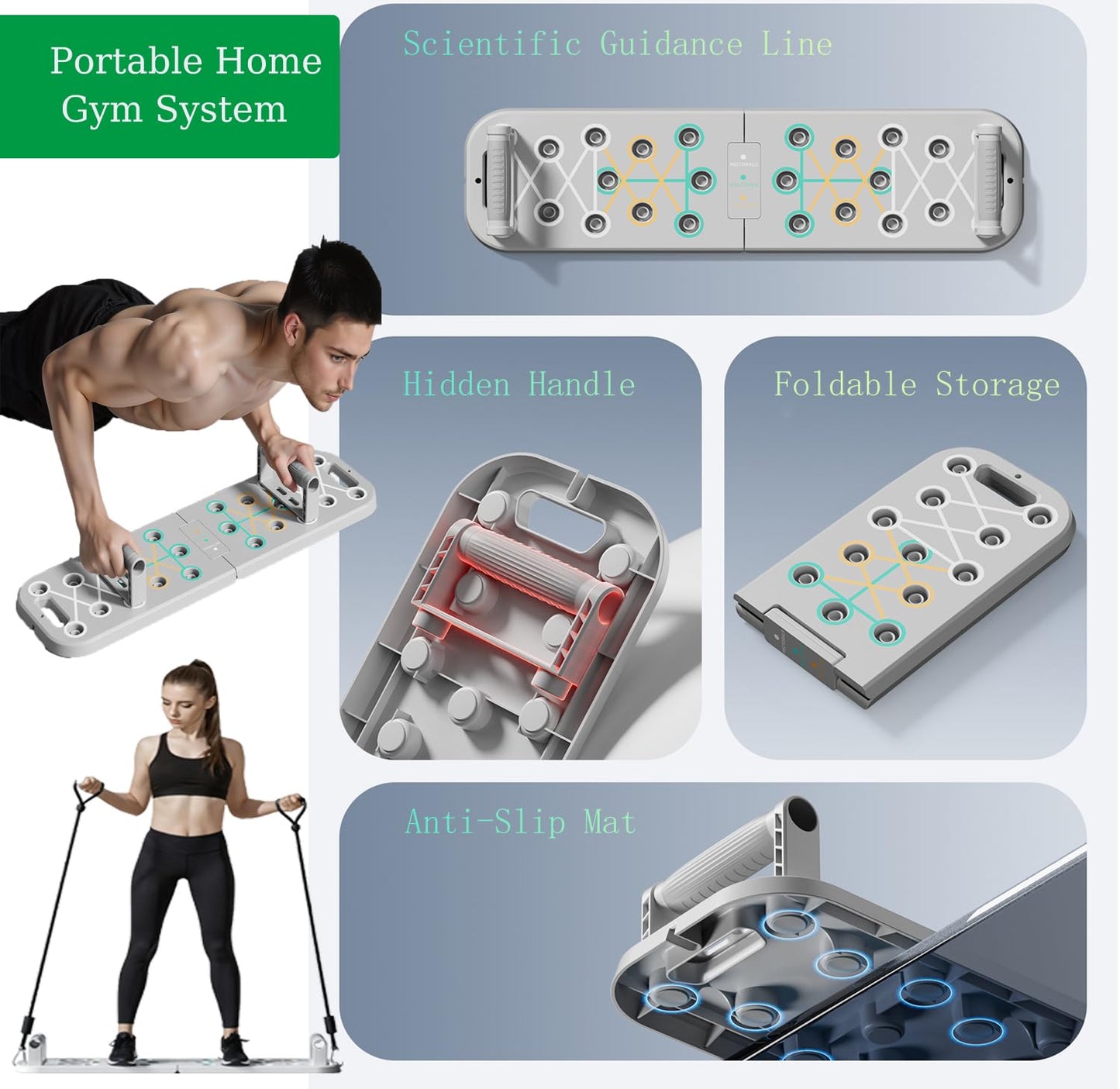 Basan Push Up Board with Resistance Bands – Foldable Portable Home Gym Equipment for Full Body Workout, Strength Training for Men & Women