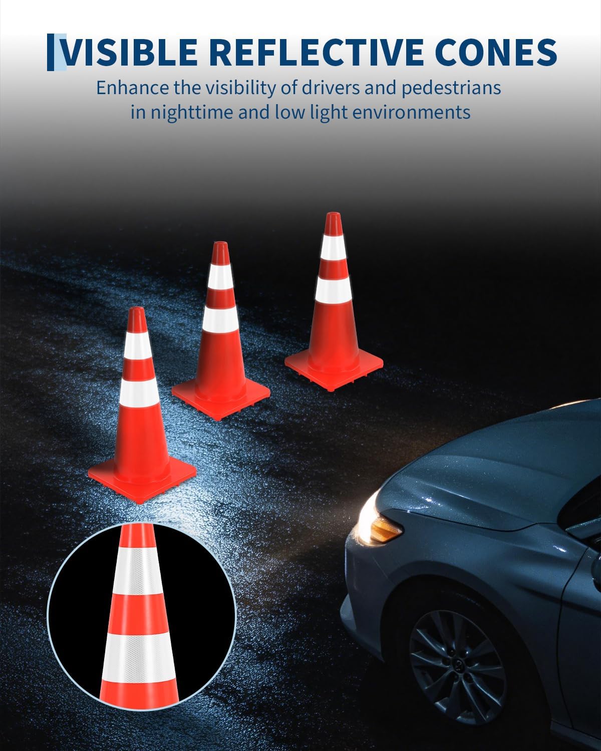 12 Pack Traffic Cone Set, 28 Inch High-Visibility Stackable Barriers with Reflective Collars, PVC Base, Collapsible Safety Stream Cones for Parking, Construction, Event Control, Sports Training