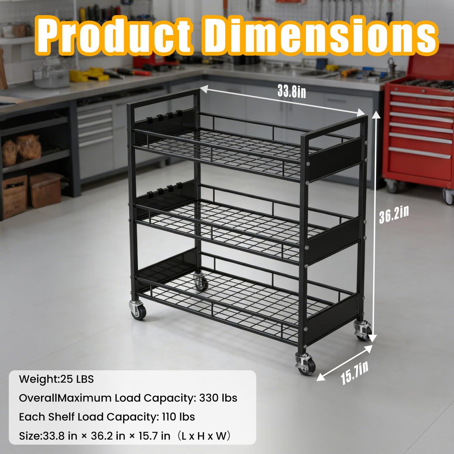 Heavy-Duty 3-Tier Metal Utility Cart with Locking Casters – 330 LBS Load Capacity Rolling Storage Organizer, Quiet Wheels, Free Plastic Bins & Hooks for Home, Garage, Workshop, Hotel, Kitchen