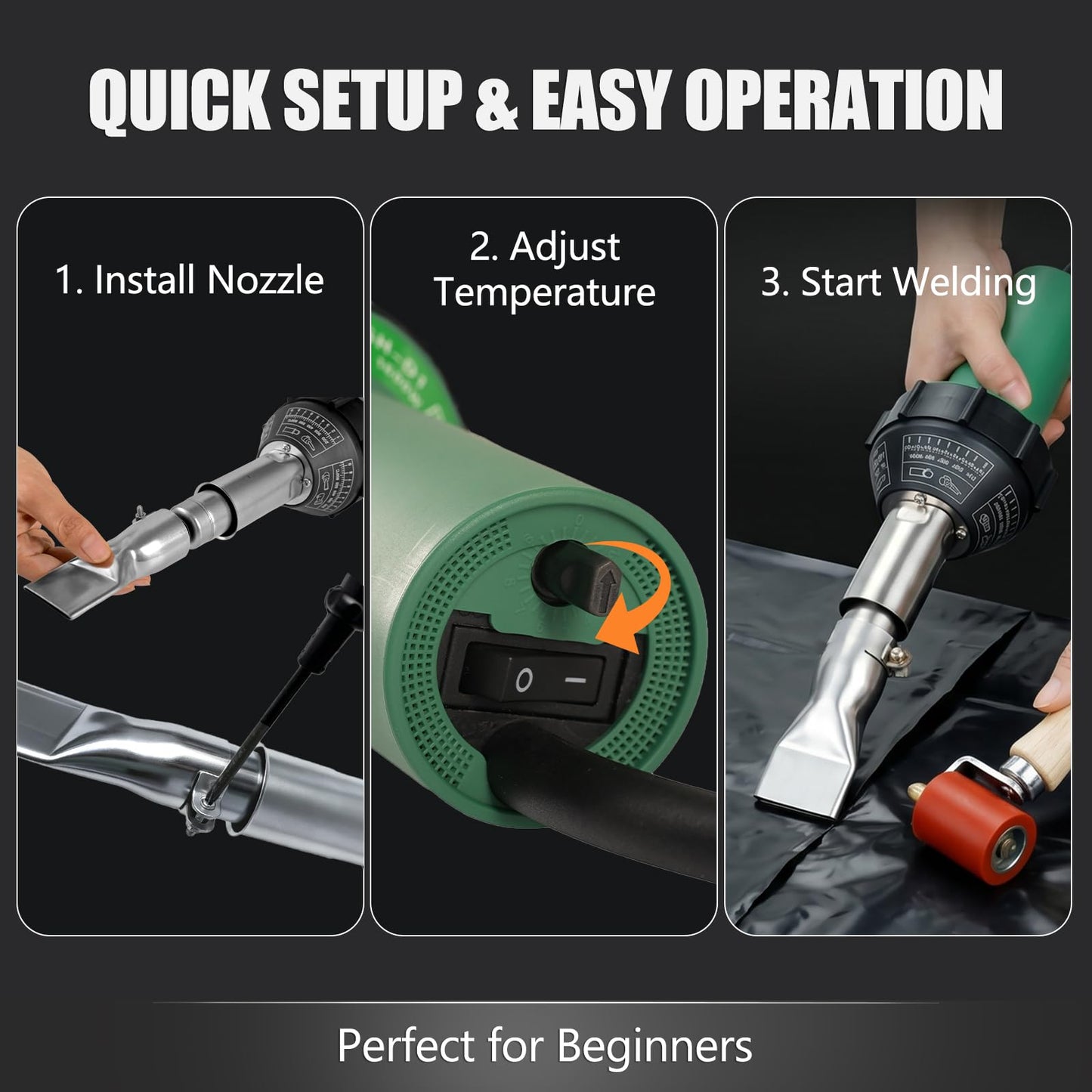 1600W Heat Gun Kit 110V, Plastic Welder with 16.4FT Power Cord, Hot Air Gun for PVC Roofing, Vinyl Floor, Plastic Repair, 2 Welding Nozzles & Silicone Roller Included