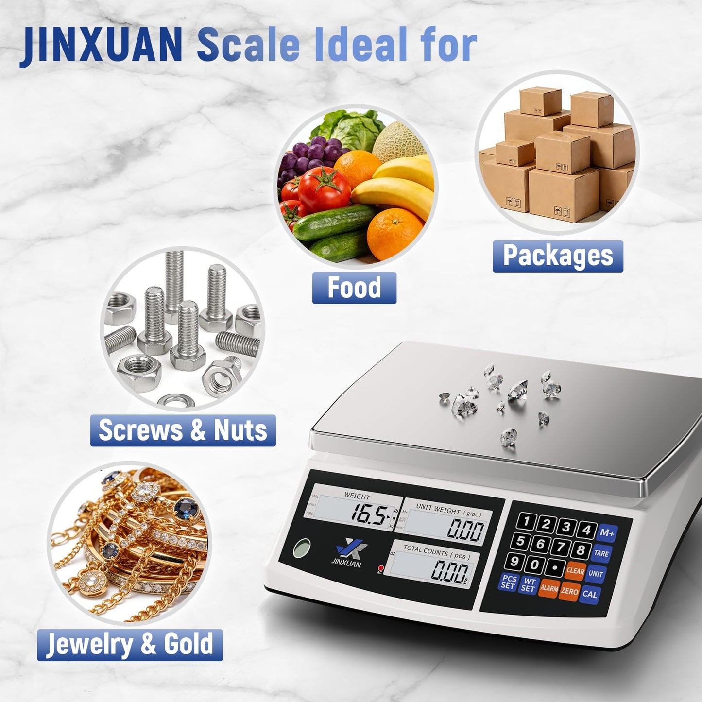 JINXUAN Industrial Counting Scale 30kg/66lb x 0.1g Precision Bench Scale Digital Inventory Counting Weight Scale for Small Parts and Coins, Electronic Gram Scale with Batteries/AC Power, lb/g/kg/oz