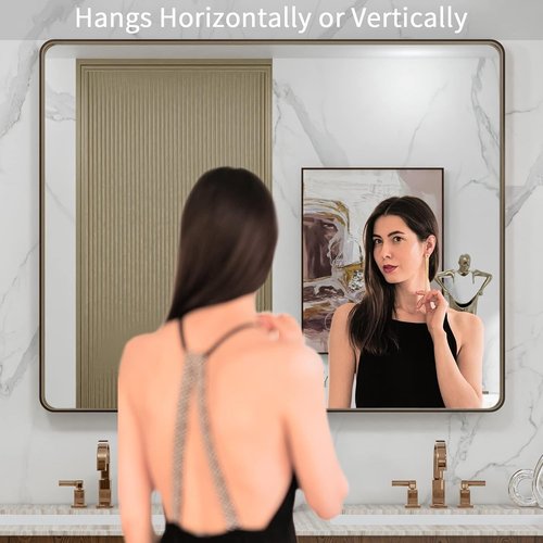 LOAAO Bronze Bathroom Mirror - 40”X32” Rounded Rectangle with Anti-Rust Brushed Metal Frame | Hangs Horizontally or Vertically