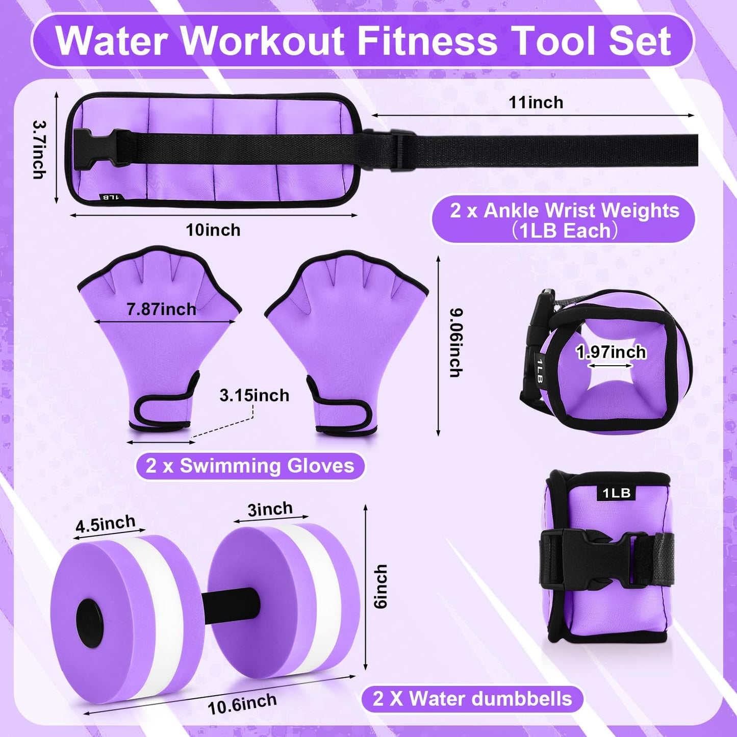 Hollowfly 6 Pcs Water Aerobics Equipment Set Full Body Pool Exercise Kit, 2 Aqua Dumbbells, 2 Adjustable 1lb Ankle/Wrist Weights, 2 Webbed Swim Gloves, Low Impact Aquatic Workout Gear(Purple)