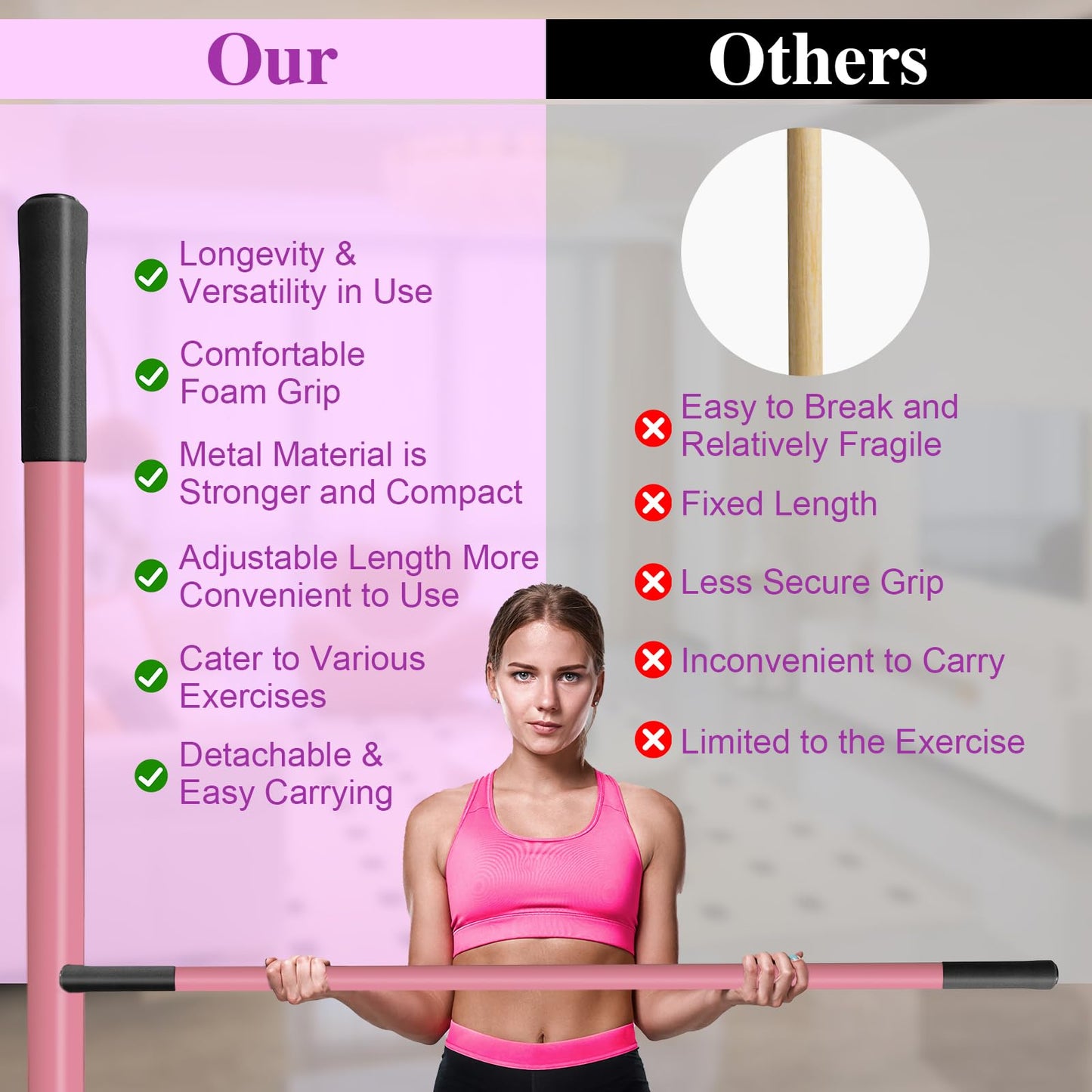 5ft Yoga Stick - Sturdy Steel Adjustable Stretching Stick for Mobility, Flexibility & Balance | Non-Slip Ends & Foam Handles | Exercise Pole for Fitness, Physical Therapy, Posture Correction Pink