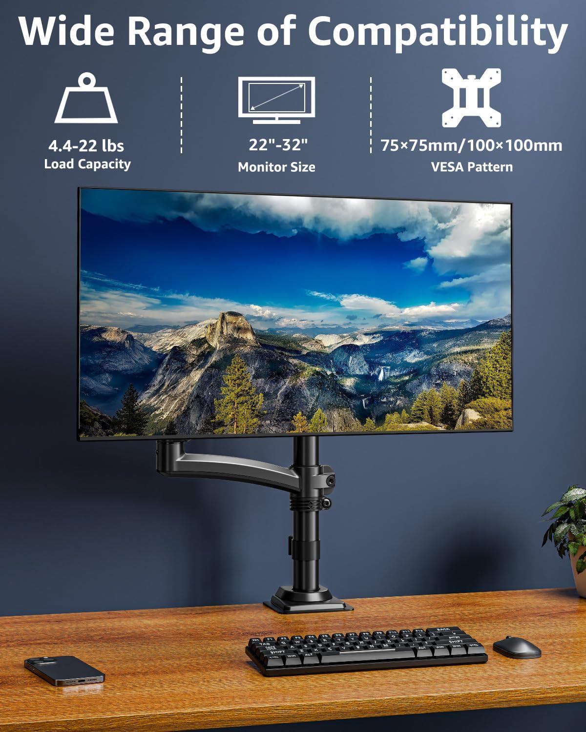 MOUNTUP 4.4-22lbs, 32 27 24 22inch, C-ClampGrommet Single Monitor Arm Holds Monitor Stand for Desk, Height Adjustable