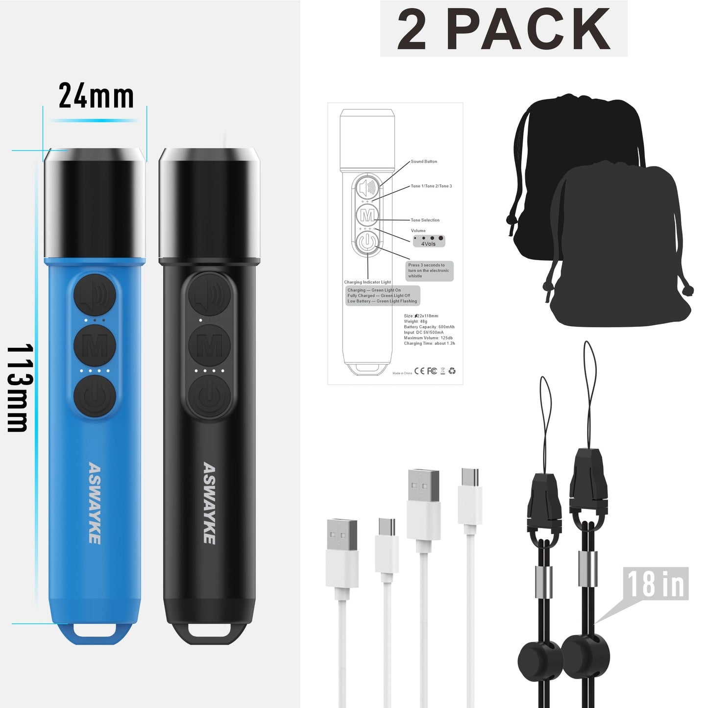 aswayke Electronic Whistle Set of 2-125dB Loud Rechargeable Whistle, Type-C Charging, 4-Level Volume, IPX5 Waterproof for Coaches, Referees, Basketball & Dog Training