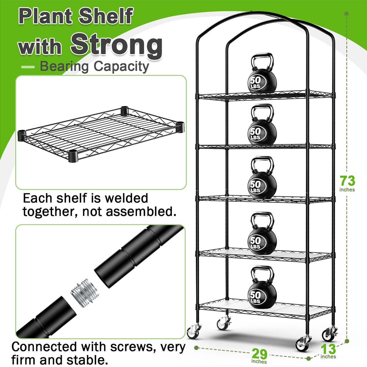 Abimars 5-Tier Greenhouse with Caster Wheel, Each Shelf Height Adjustable Metal Plant Shelf with PVC Cover for Seed Starting Trays, Seedling Pots, Plant Pots, 13x29x73inch