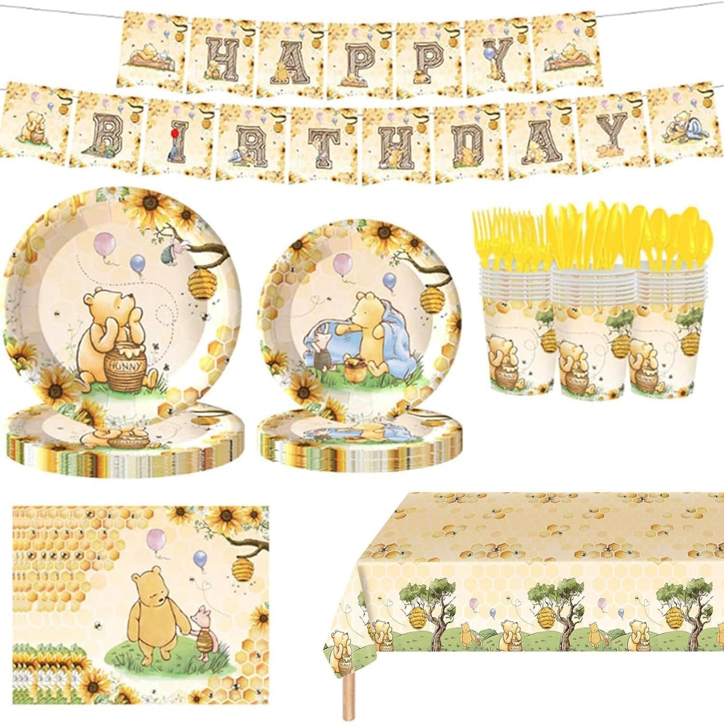 WISSLERMER 142pcs Classic Bear Baby Shower Decorations Baby Shower Party Tableware with Plates, Napkin, Forks, Cups Banner And Tablecloth for Birthday Party Supplies Set Serves 20 Guests (Yellow)