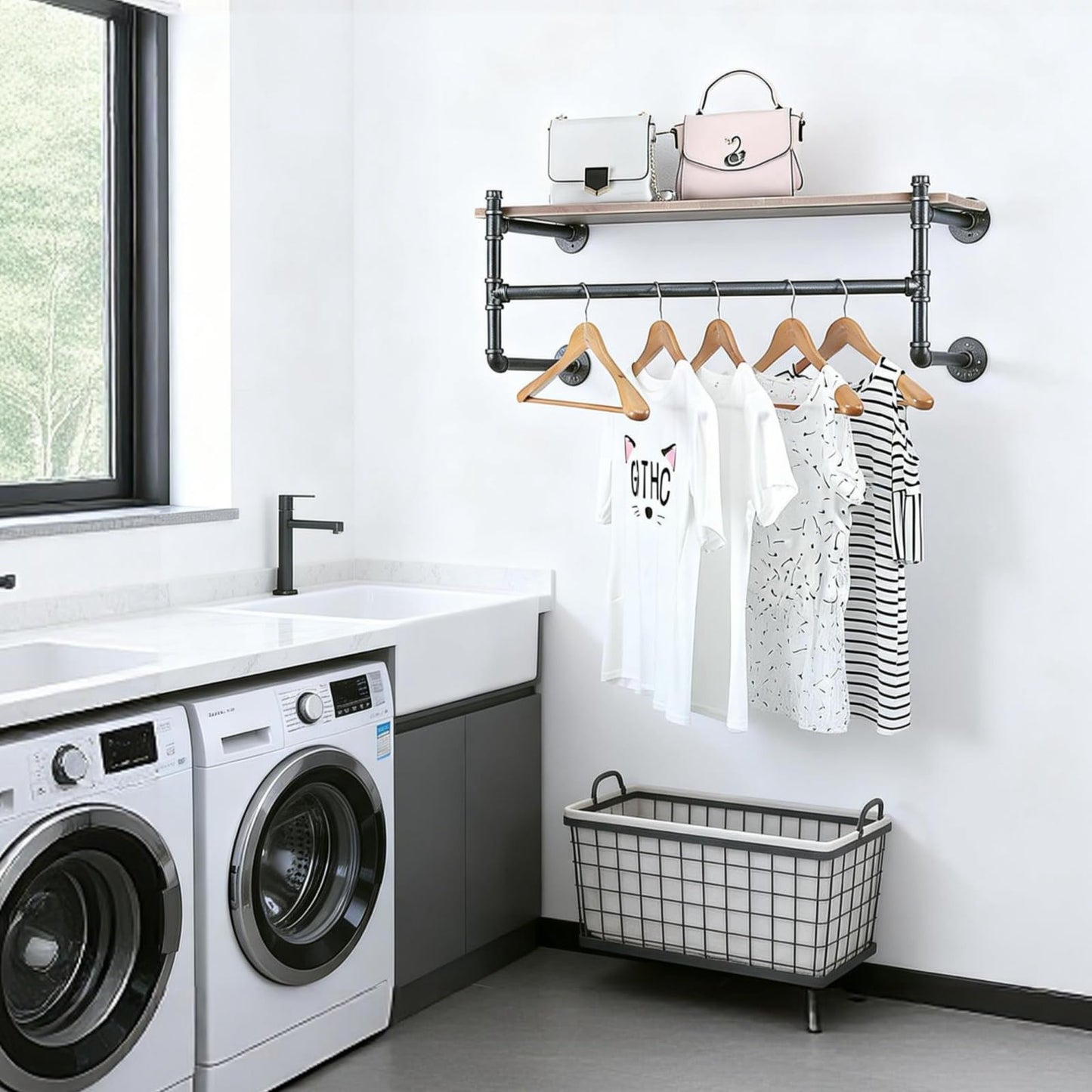 OLDRAINBOW Industrial Pipe Clothing Rack Wall Mounted with Real Wood Shelf,Pipe Shelving Floating Shelves Wall Shelf,36in Retail Clothes Racks Display Rack