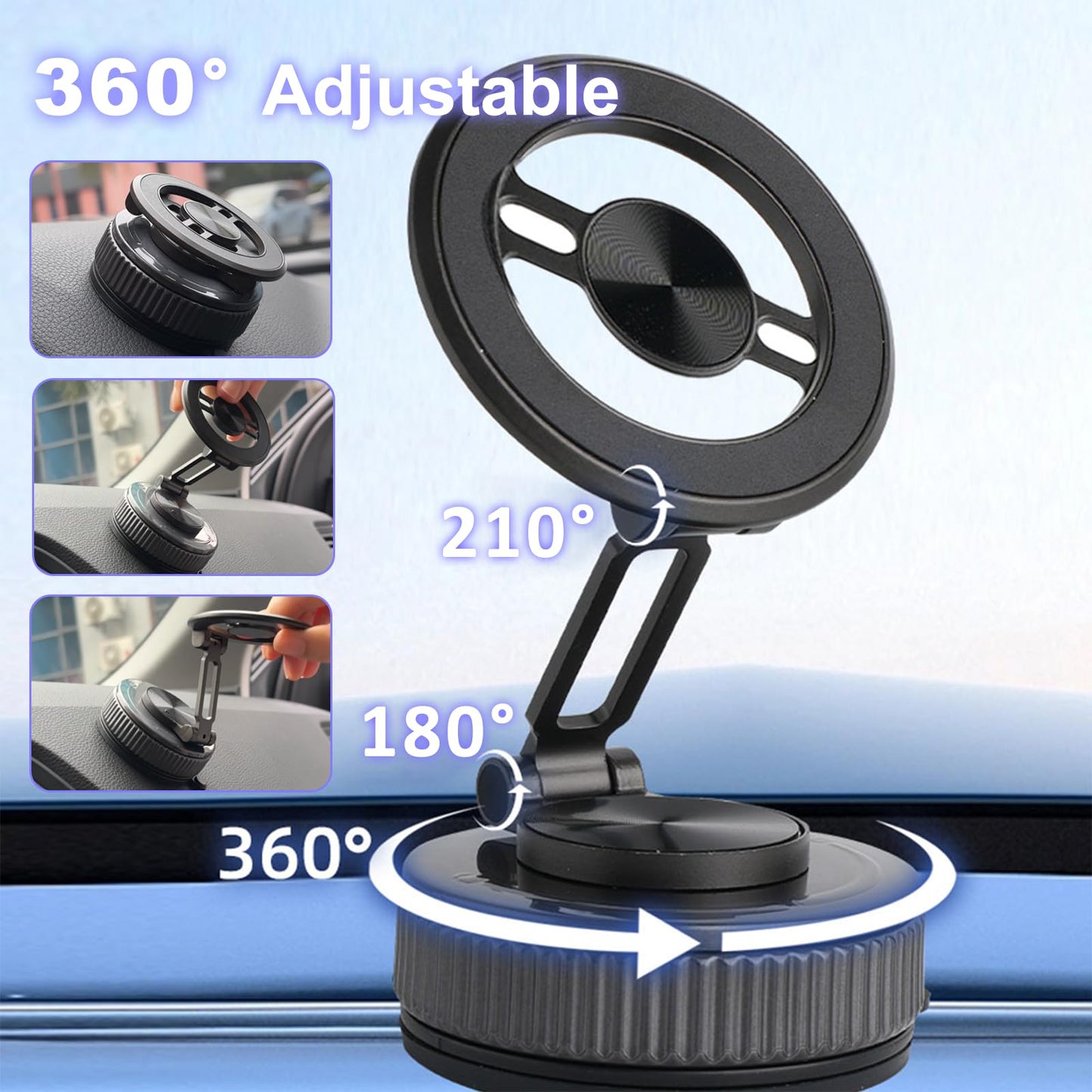 METINFUS Vacuum Magnetic Phone Holder for Car, 360° Ajustable Car Holders for Magsafe,Ultra Strong Suction Cup Phone Mount, Foldable Cell Phone Holders for Car/Gym/Mirror Bracket for iPhone & Android