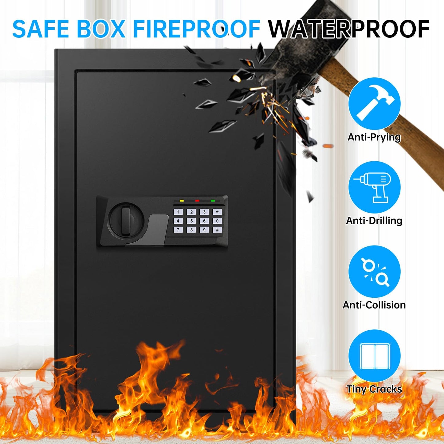 5.2 Cu Ft Large Home Safe Box Fireproof Waterproof, Personal Security Safe with Digital Keypad, Spare Keys, Alarm System and 3 Removable Shelves, Fire Document Safes for Home Money Medicine Valuables