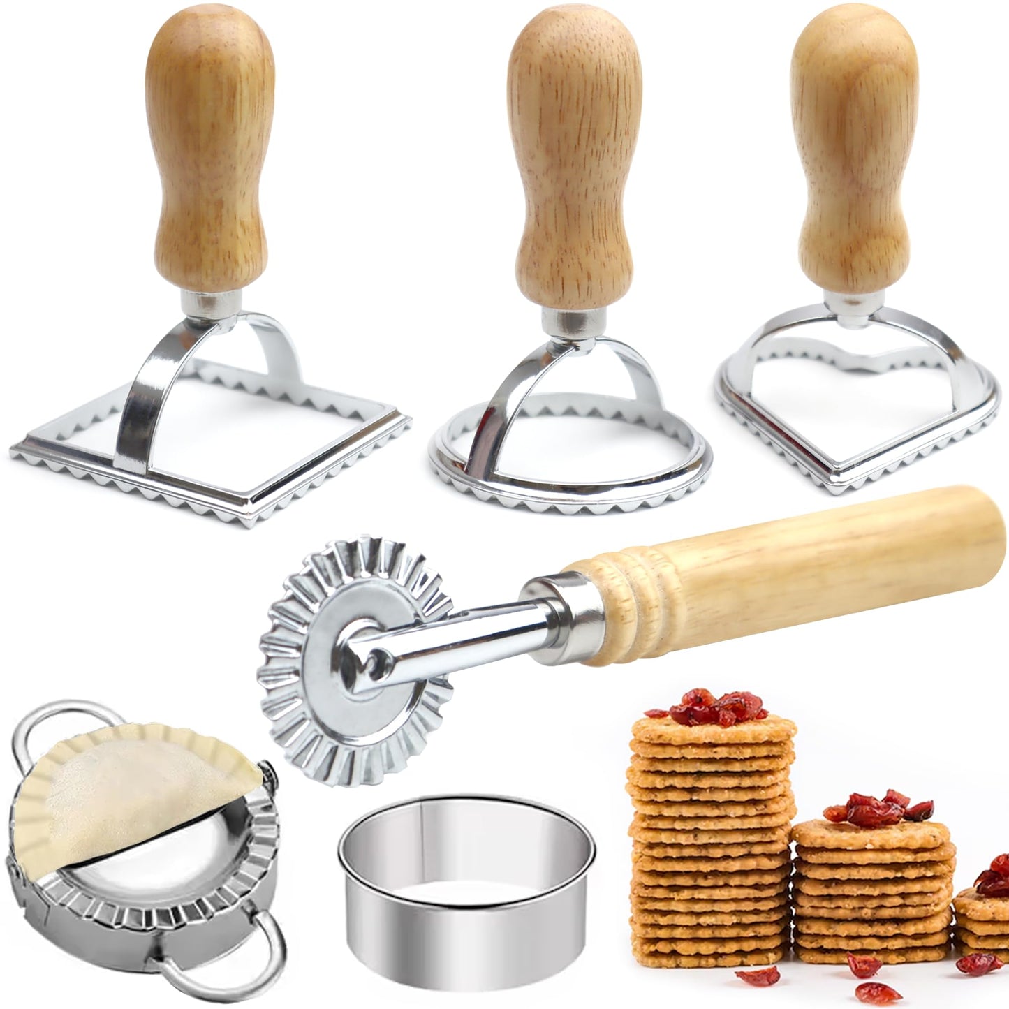 Ravioli Pasta Maker Cutter with Roller Wheel (Set of 6), Ravioli Cutter Set with Wooden Handle, Ravioli Press Dumpling Maker Tools for Ravioli, Empanada, Lasagna, Pierogi