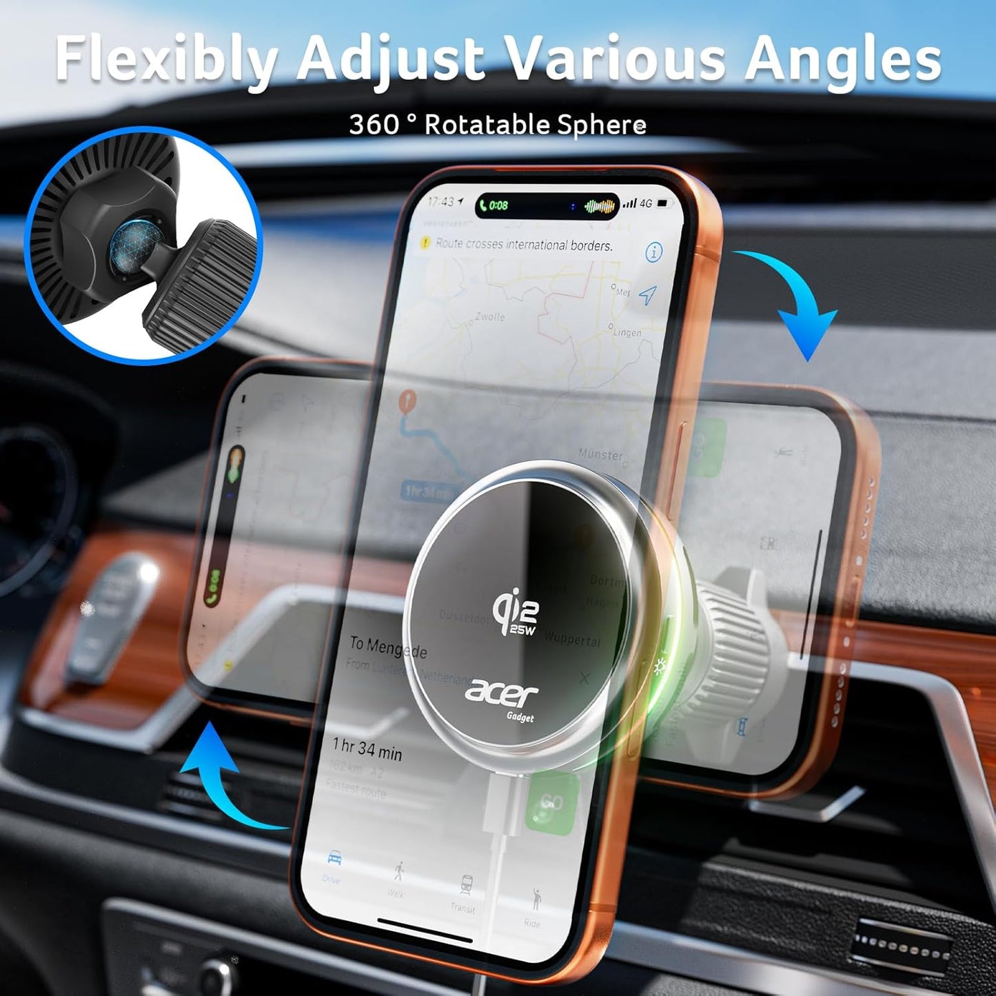 acer Qi2.2 25W 45W Adapter,360Rotation 17/16/15/14/13 Gadget for MagSafe Car Mount Charger,Wireless Car Charger