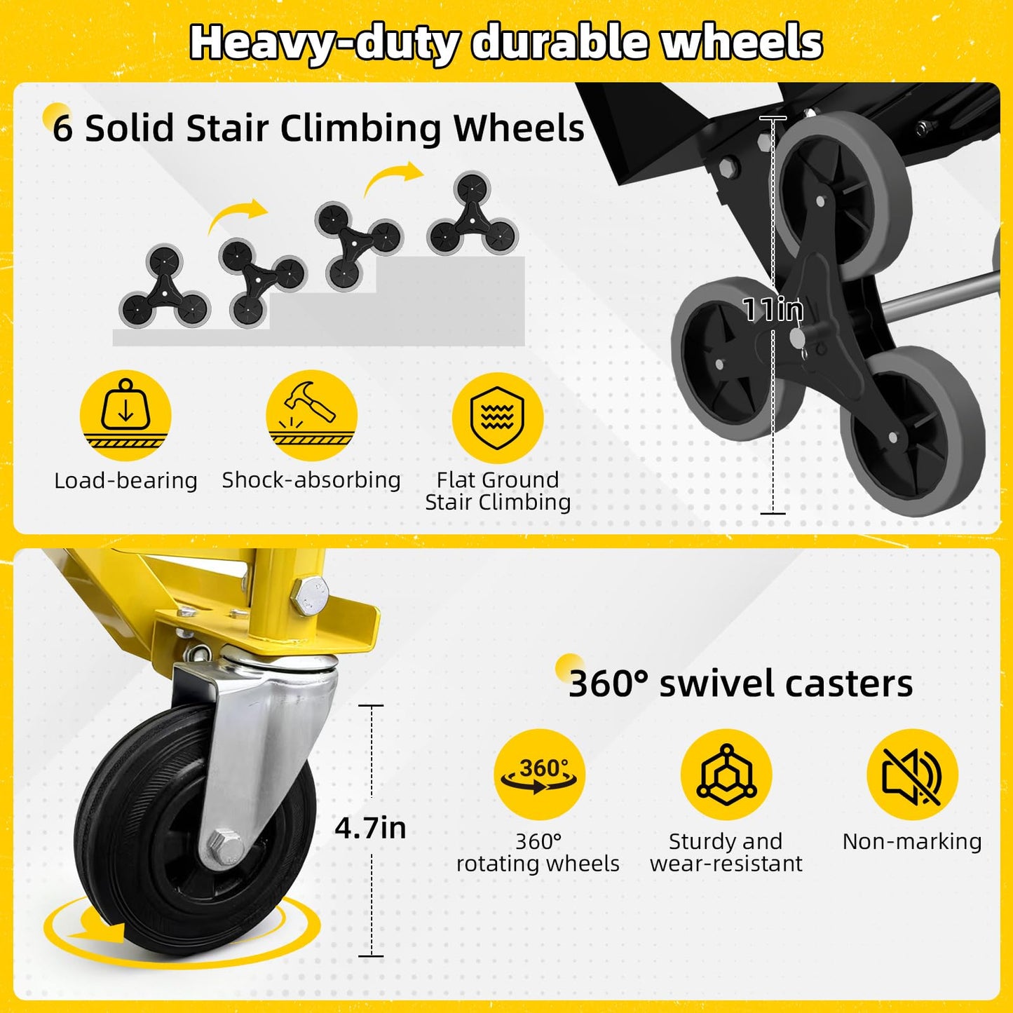 4 in 1 Convertible Hand Truck Dolly Cart with Wheels, 1000Lbs Capacity, Heavy Duty Stair Climbing Hand Trucks with Bungee Cord & Strap for Flat Ground & Stairs, Logistics, Home, Office, Yellow