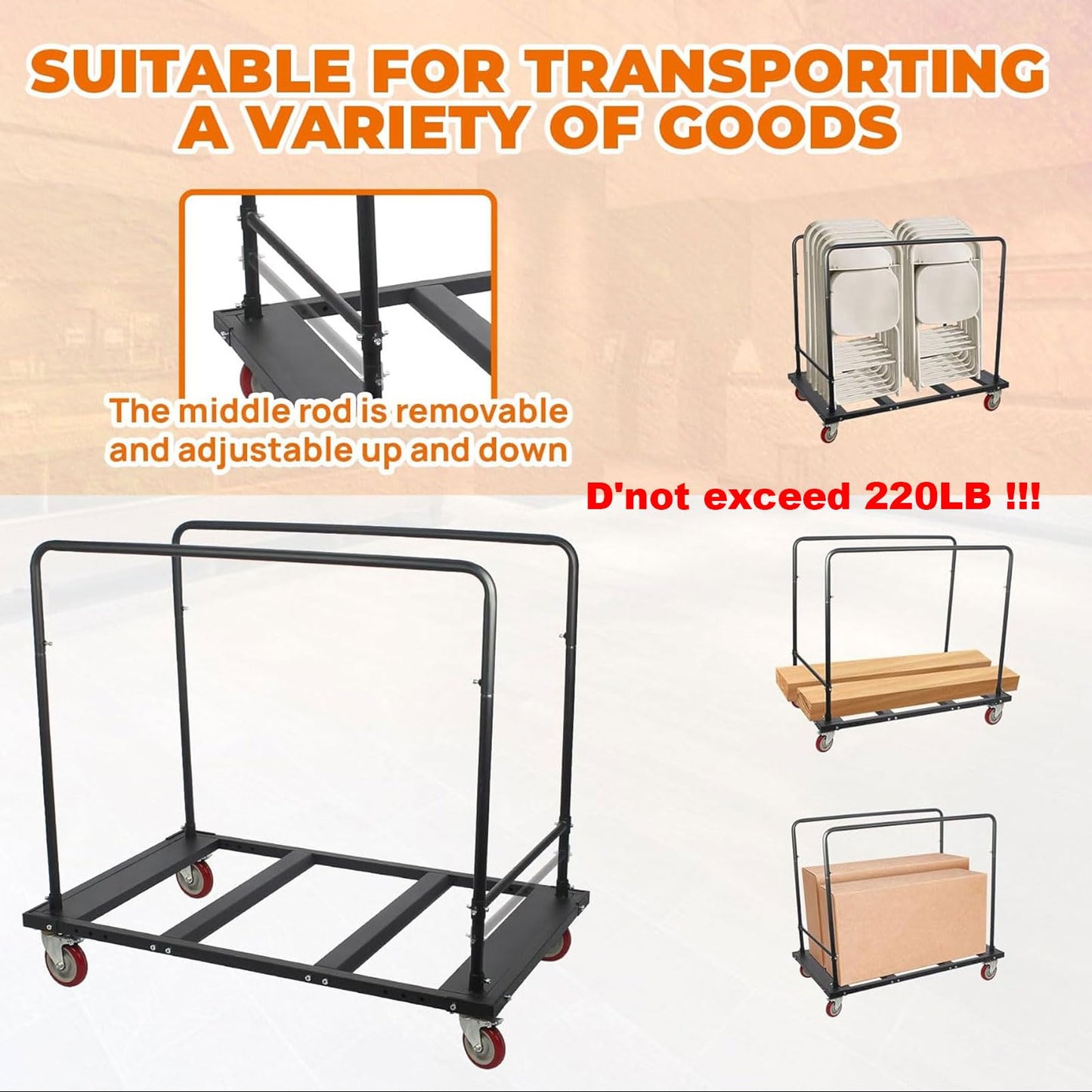 Folding Table Cart, Heavy Duty Table Trolley with 5 Inch Swivel Wheels and Locking Wheels for Round Folding Table 60 Inch, Black Table Rack for Garage, Home, Warehouse, Party Event Hotel Furniture