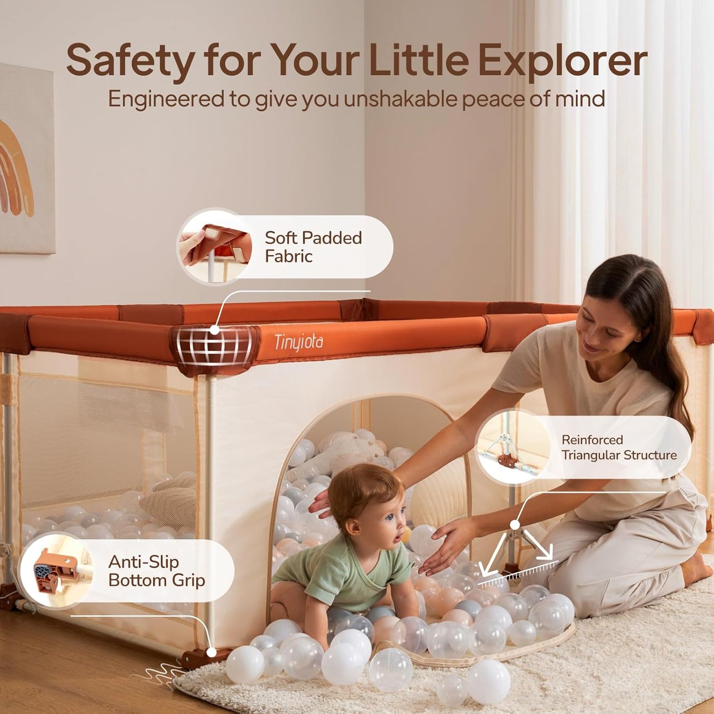 Tinyiota Foldable Baby Playpen - 50x50 Inch Portable Play Yard with Soft Mesh & Storage Bag (Brown)