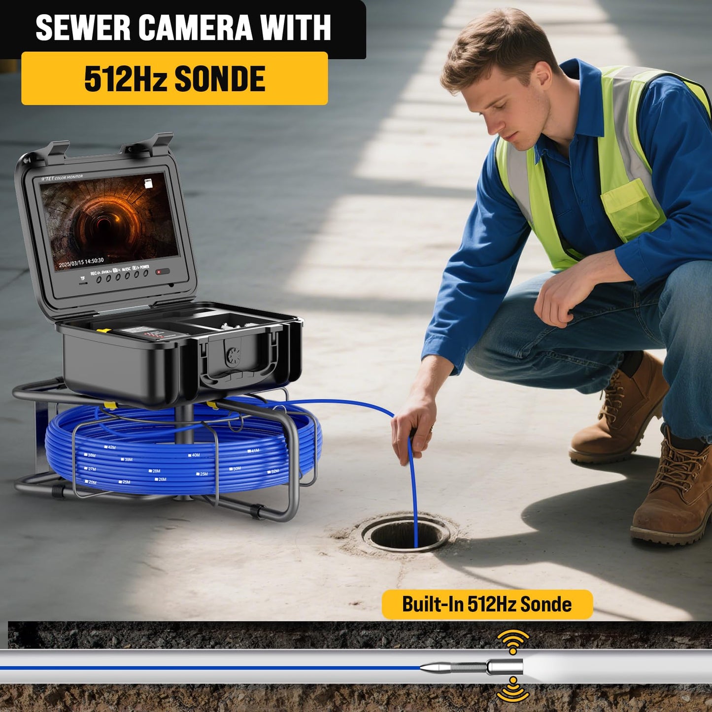 Anysun Sewer Camera with 512Hz Sonde, Self-Leveling 9" HD Screen DVR Recorder, 32GB Card, IP68 Waterproof Plumbing Pipe Borescope Inspection, 7mm Cable with Meter Marks(300FT)