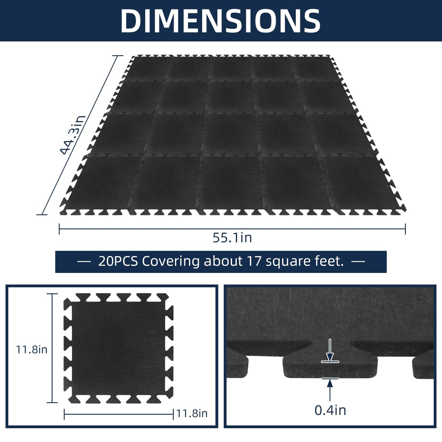 20 Pieces Sound Absorbing Interlocking Floor Mats, 11.8 x 11.8 x 0.4 inches High Density Felt Soundproof Pads Non-Slip Anti Vibration Puzzle Acoustic Blankets Piano Carpet Drum Rug, Black