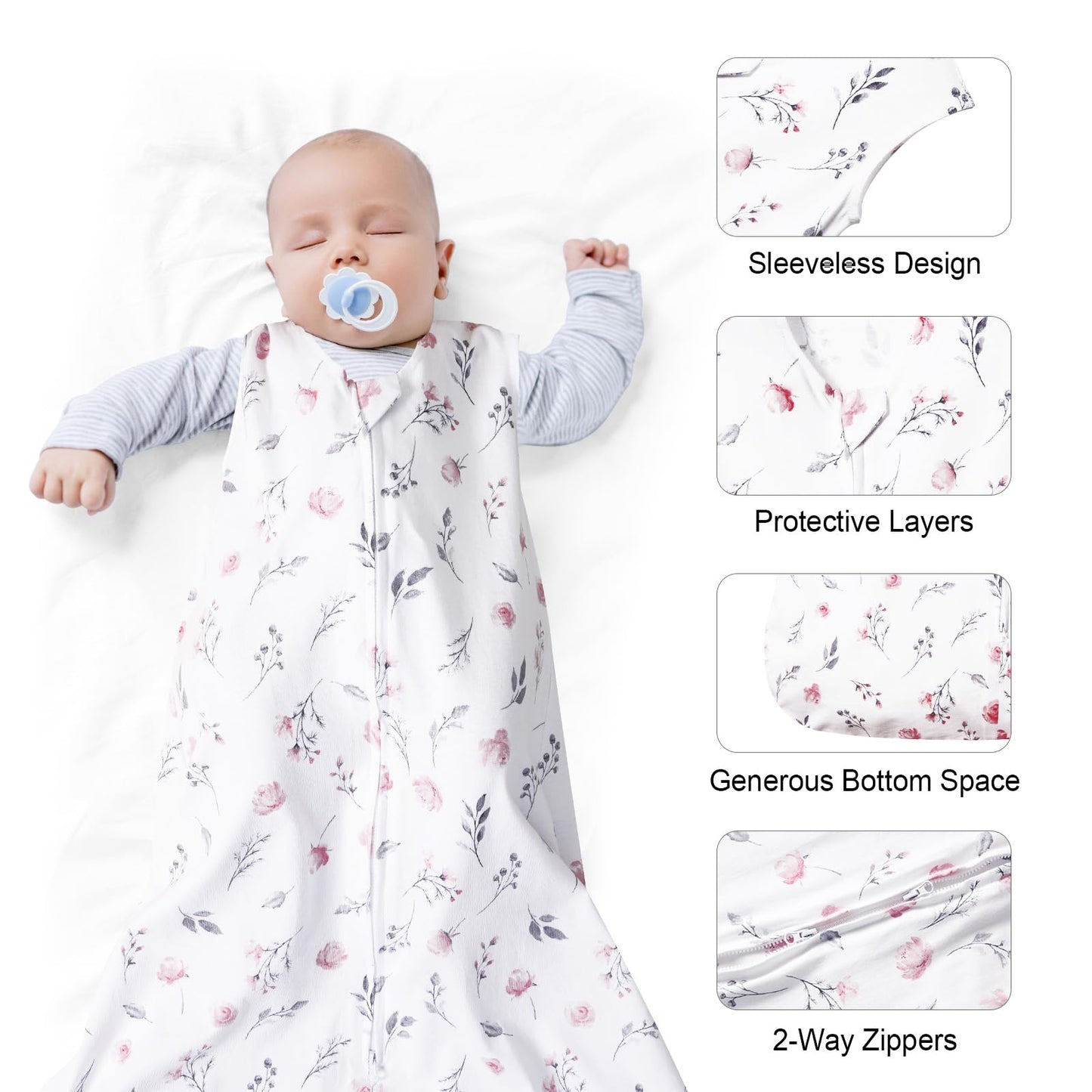 david's kids 3 Pack 100% Organic Cotton Baby Sleep Sack 6-12 Months, Ultra Soft Baby Wearable Blankets with 2-Way Zipper, Comfy Sleeping Bags for Infant Newborn Boys Girls Neutral, Medium Size, Floral