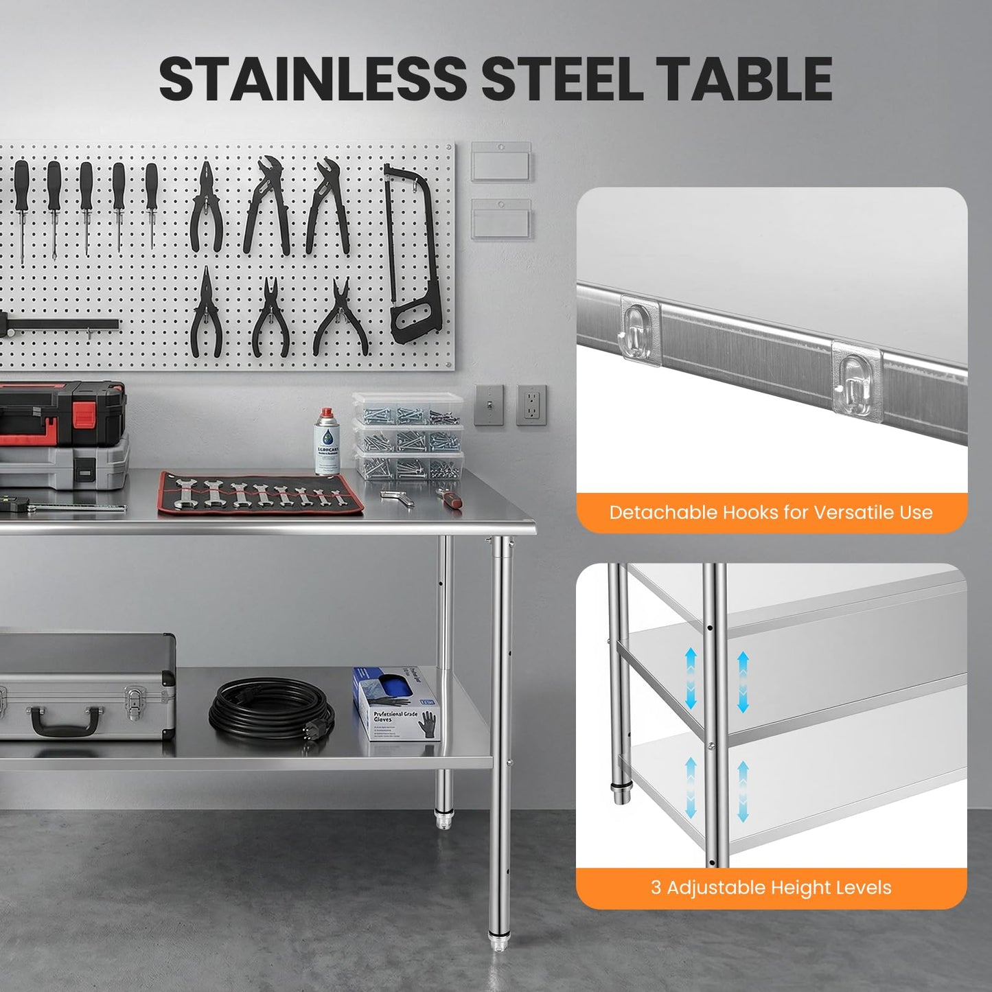 Kryonix Stainless Steel Work Table for Prep & Work 24x48 Inch, NSF Commercial Kitchen Heavy Duty Prep Table with Adjustable Undershelf for Kitchen, Restaurant, Home & Hotel