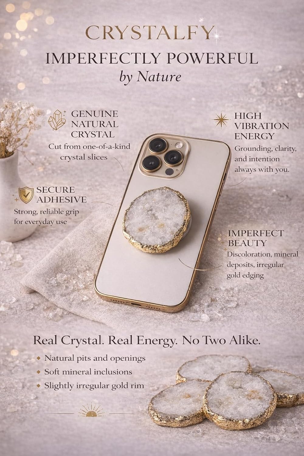 CRYSTALFY Grips by Perfectly Imperfect White Druzy Crystal Phone Grip Holder & Expanding Kickstand - Natural Gemstone