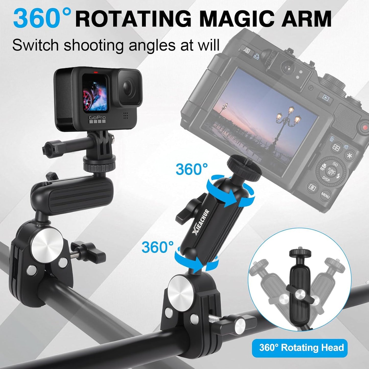 XIEACHUR 1/4 Inch Super Clamp Camera Mount Double Ball Head Magic Arm with Threads Universal Mount for Monitor Light
