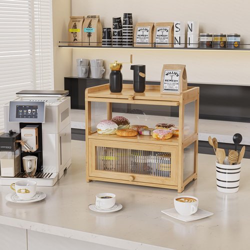BAMBANG Extra Large Bamboo Bread Box for Kitchen Counter, Double Layer Bread Storage Container Farmhouse Bread Box with 4 Sides Transparency, Breadbox Bin Holder for Homemade Bread, Natural
