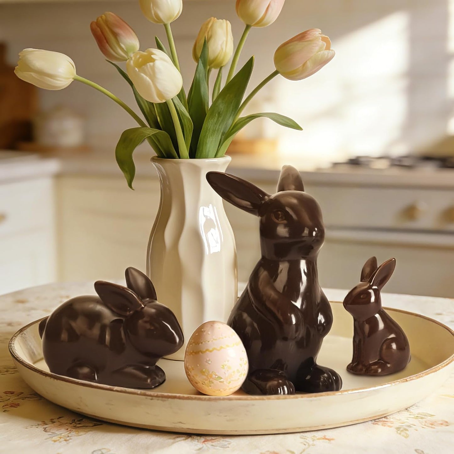 Rabbit Decor Ceramic Chocolate Bunny Figurines - Set of 3 Cute Home Table Centerpieces for Living Room & Office