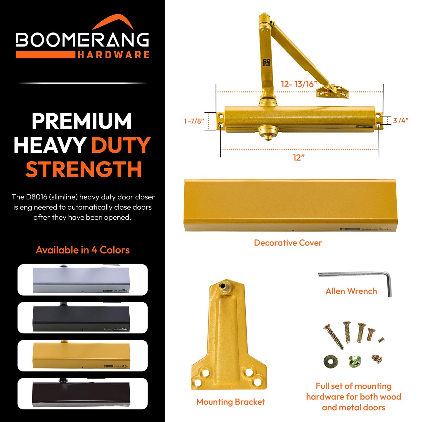 Boomerang Heavy Duty Designer Automatic Commercial Door Closer - D8016-Surface Mounted, Grade 1, Cast Aluminum, UL 3 Hour Fire Rated & ADA for high Traffic doorways, Painted Brass/Gold (US4)