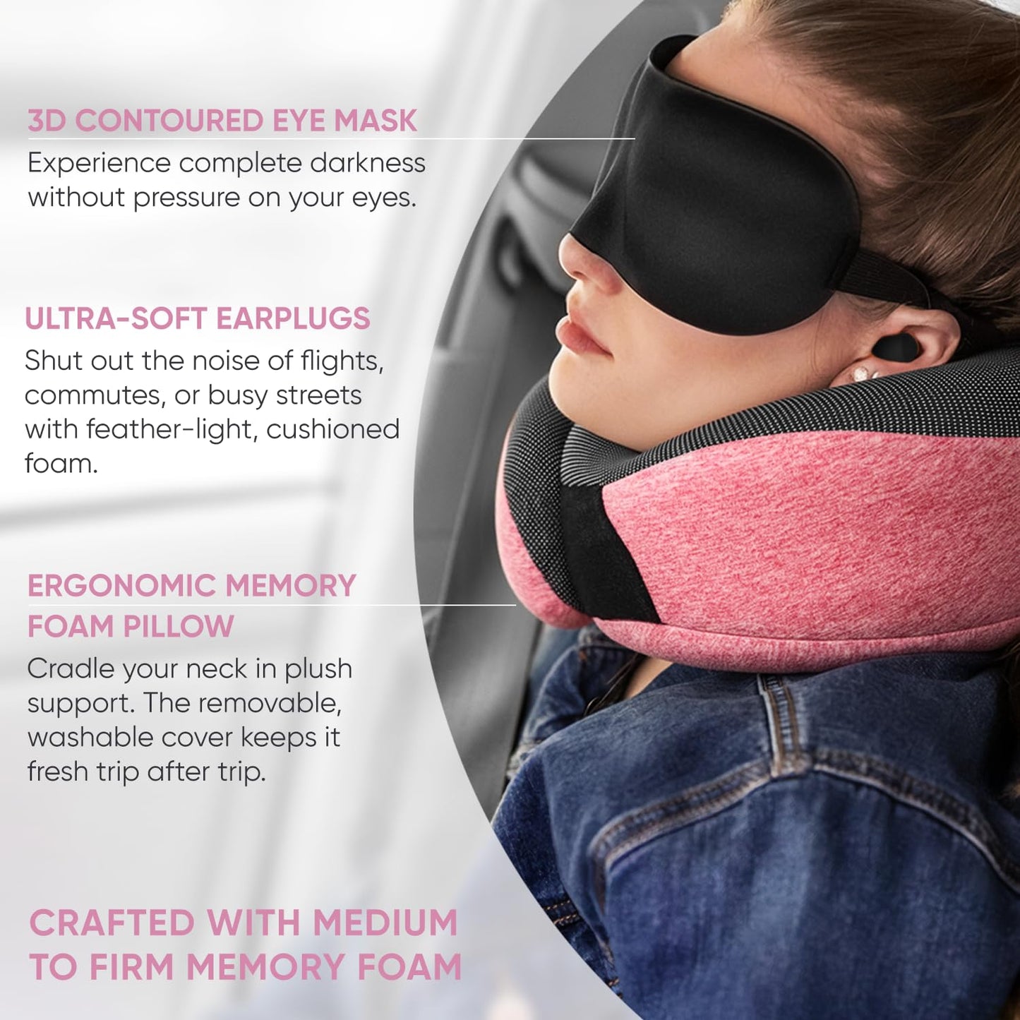 Proglobe Pink Airplane Travel Pillow Set, 100% Pure Memory Foam Neck Pillow, Updated Material, Long Flight Travel Kit with 3D Contoured Eye Masks, Earplugs, and Luxury Bag