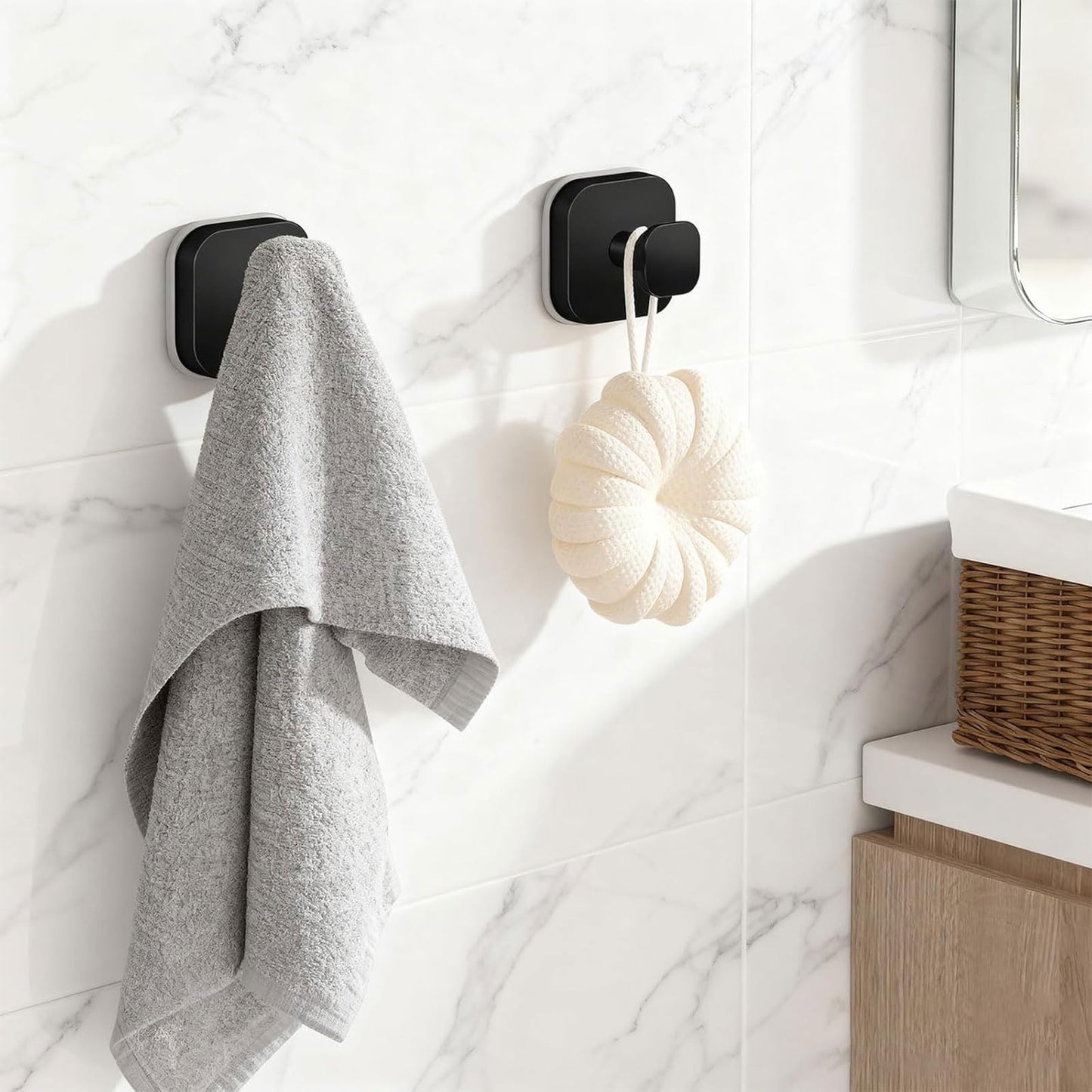 Fliverly Suction Cup Hooks for Shower,Heavy Duty No-Drill Removable & Reusable Hooks,Strong Hold Metal Towel Robe Loofah Hanger for Bathroom Kitchen Glass Mirror Tile Smooth Surfaces (Black,4 Packs)