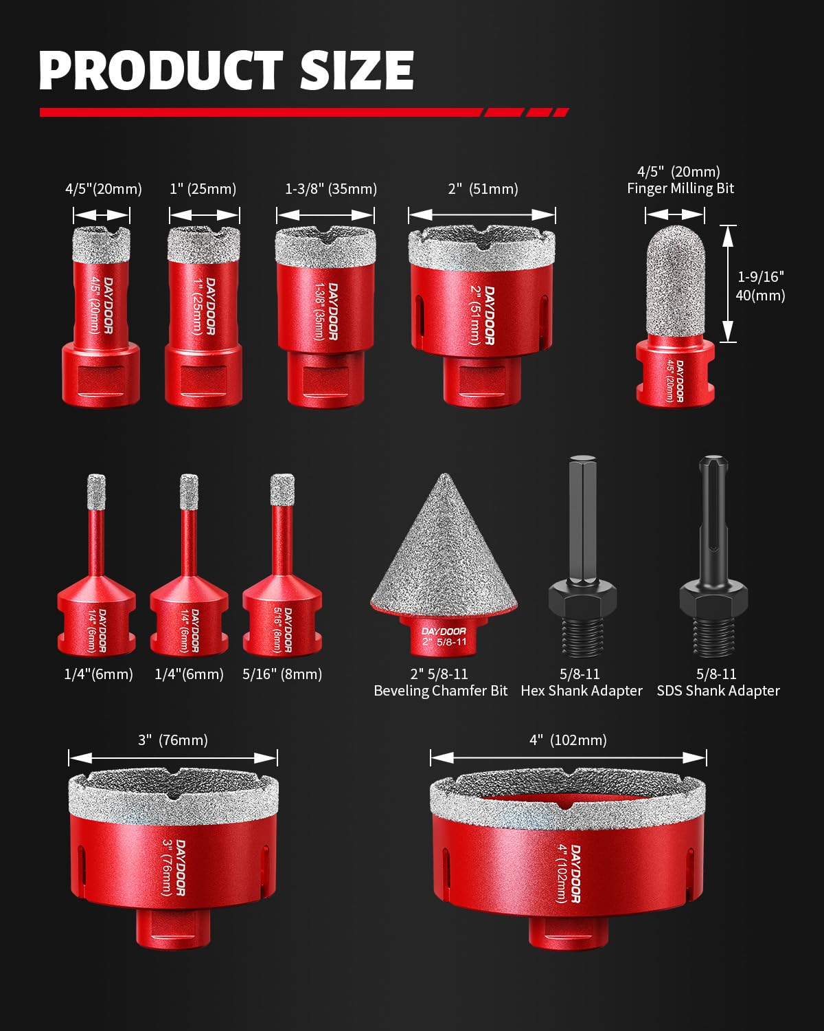 DAYDOOR Diamond Hole Saw Kit, 13-Piece Tile Hole Saw Kit 1/4" 5/16" 4/5" 1" 1-3/8" 2" 3" 4",Vacuum Brazed Core Drill Bits for Porcelain Tile, Granite, Marble, Stone(Red)