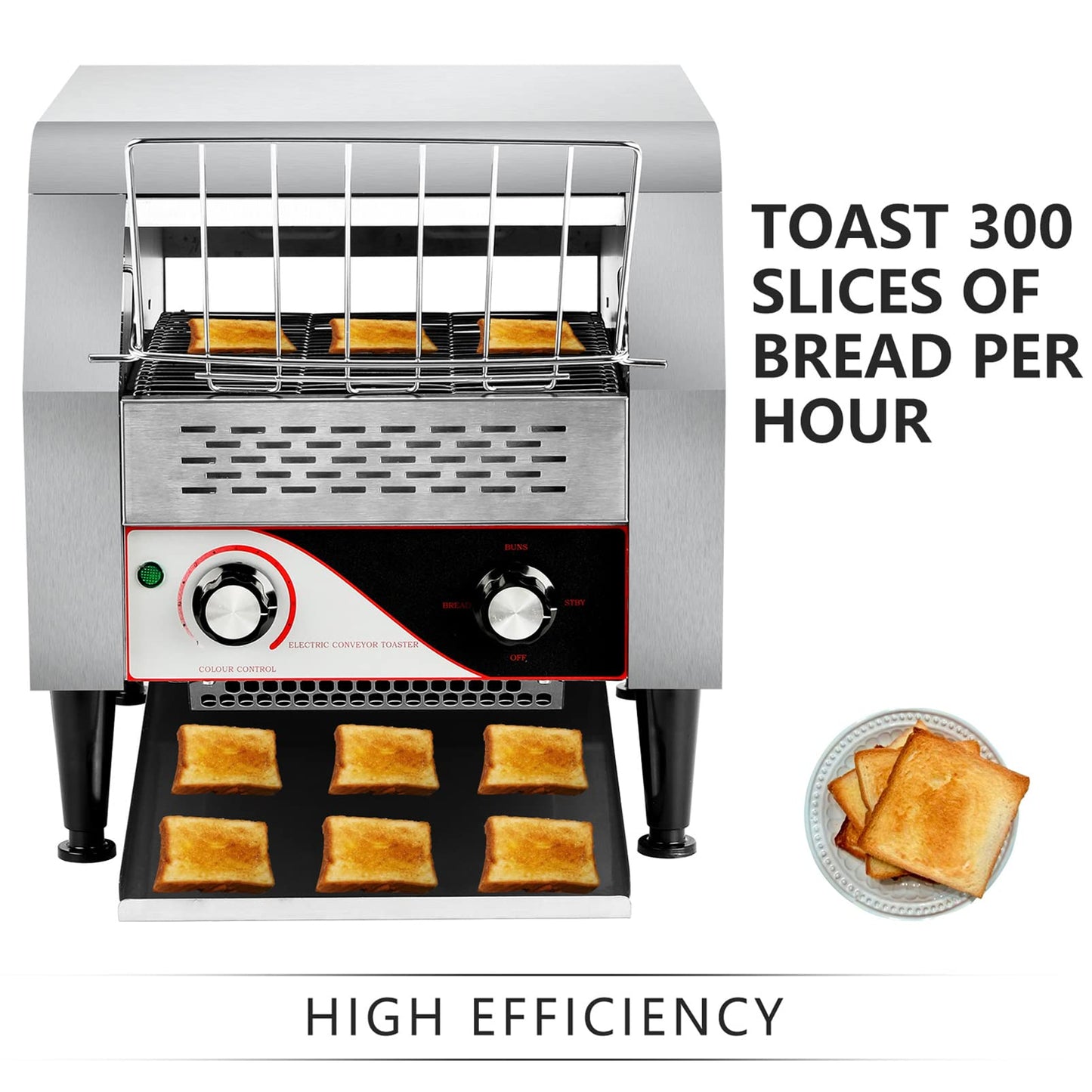 Commercial Conveyor Toaster, 300 Slices/H Electric Stainless Steel 1.9KW Countertop Toaster Heavy Duty 100% 304 Foodgrade Silver Bread for Home Restaurants Bakery Use