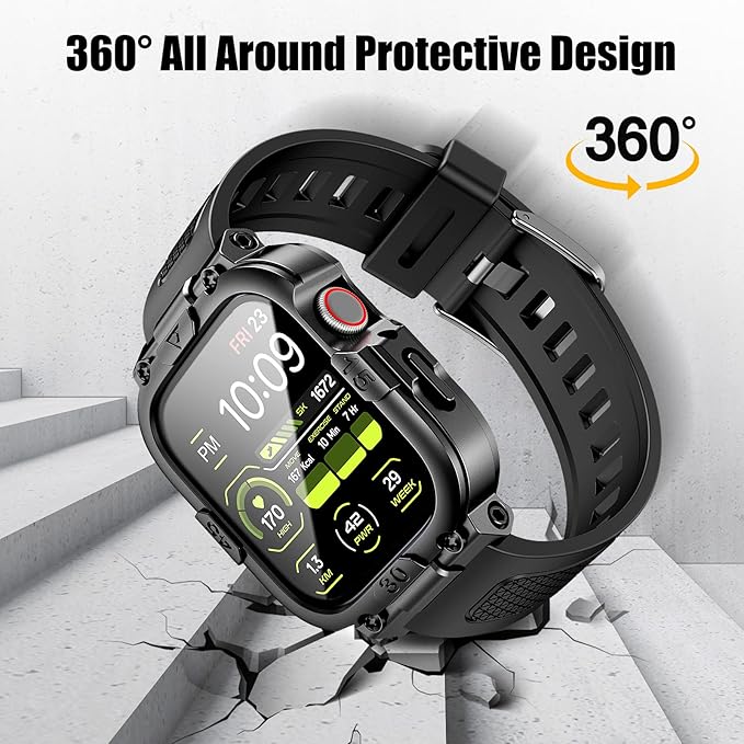 Dsytom Waterproof Case with Band Compatible for Apple Watch Band 45mm 44mm 41mm 40mm for Men ,Rugged Shockproof Smartwatch Strap Protective Bumper Cover with Built-in Tempered Glass Screen Protector
